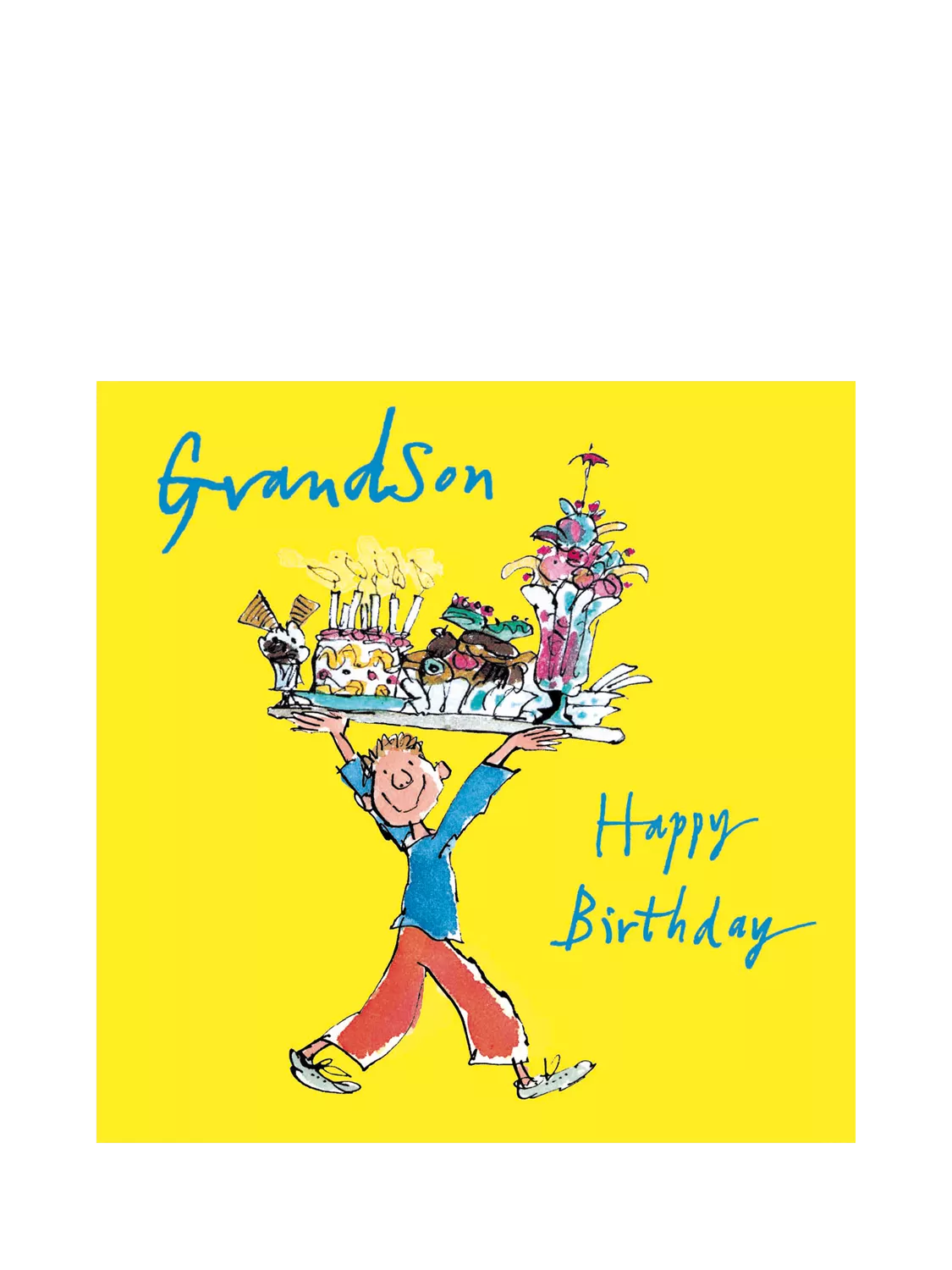 Woodmansterne grandson birthday card - boy holding tray, blue envelope (British brand)