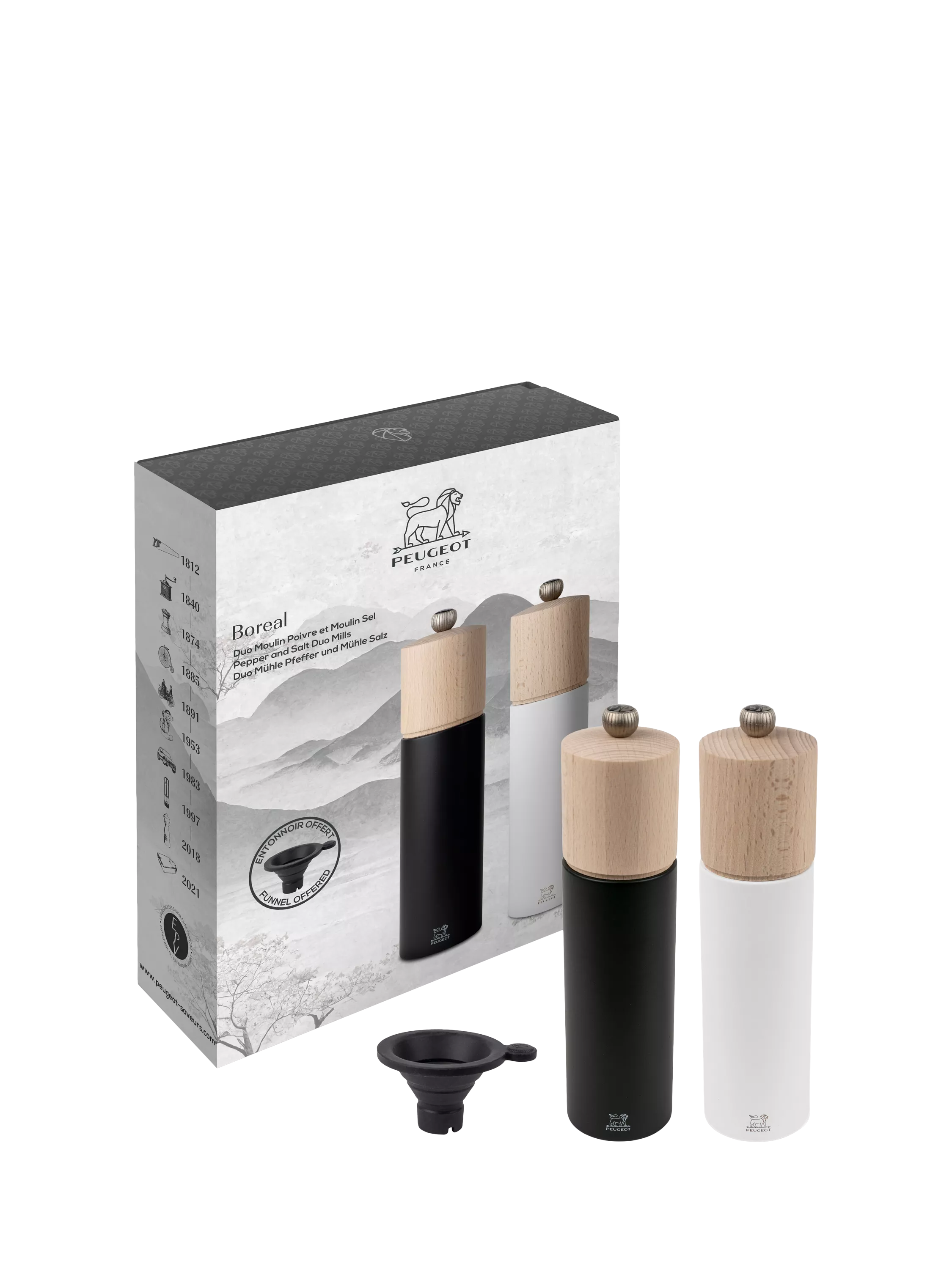 Peugeot Boreal salt pepper mill set black white, imported from the UK