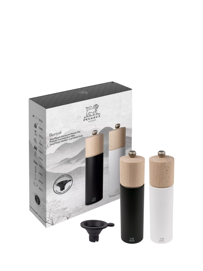 Peugeot Boreal salt pepper mill set black white, imported from the UK