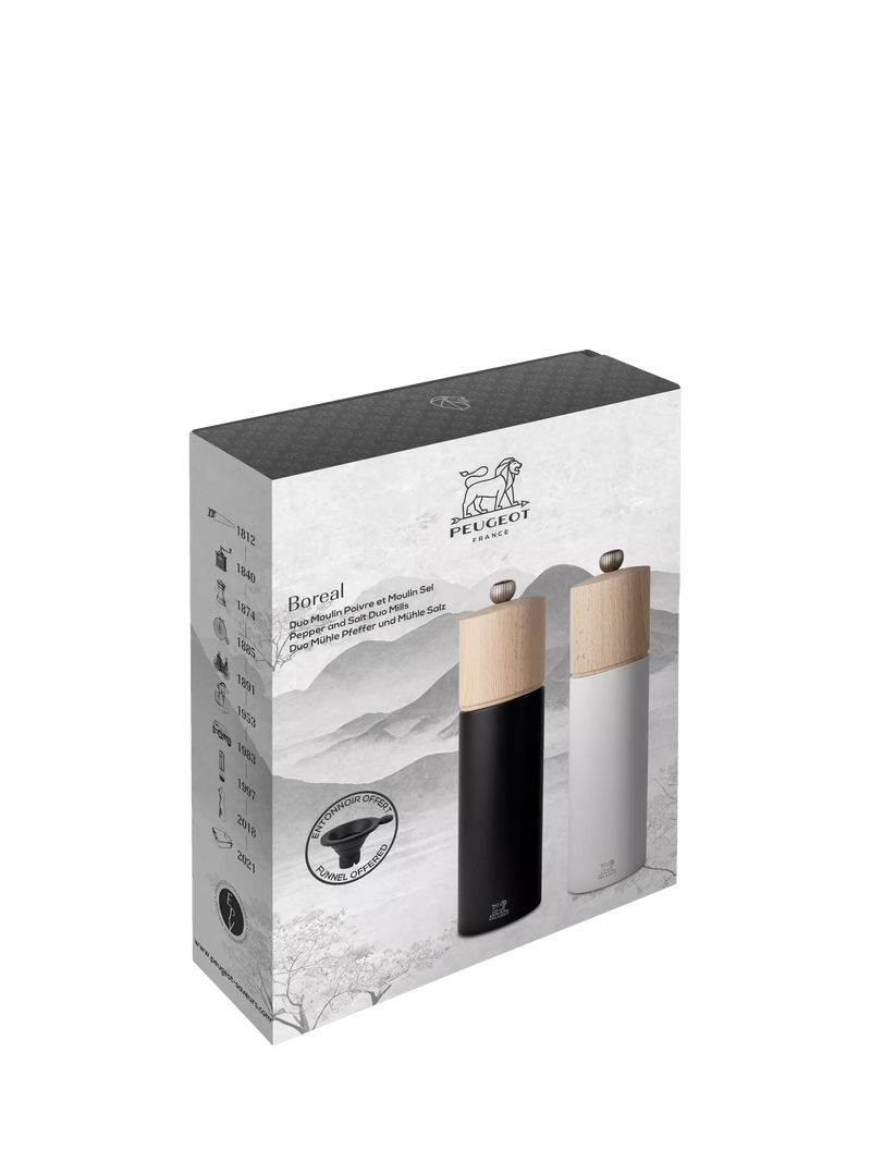 Peugeot Boreal salt pepper mill set black white, imported from the UK