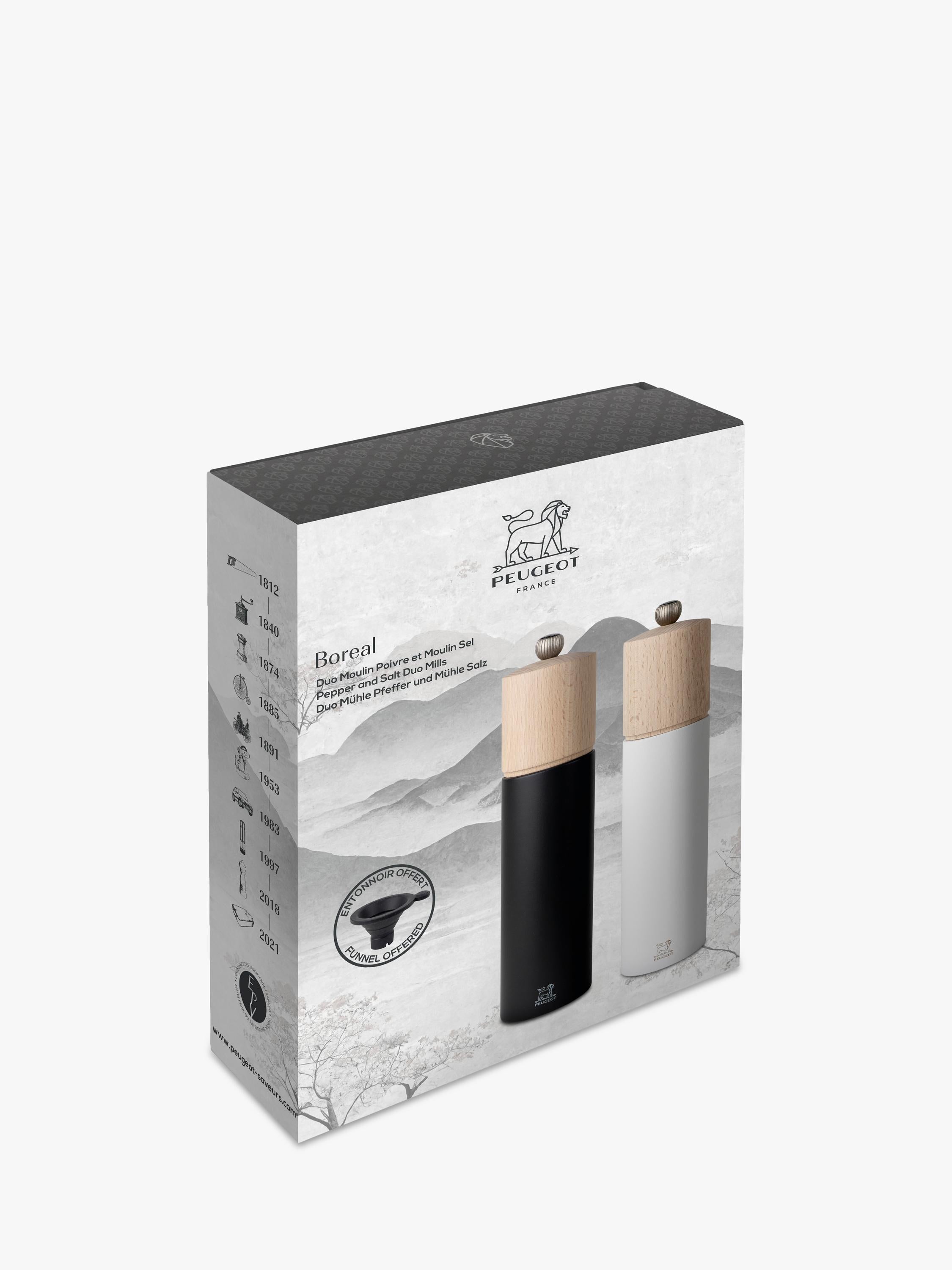 Peugeot Boreal salt pepper mill set black white, imported from the UK