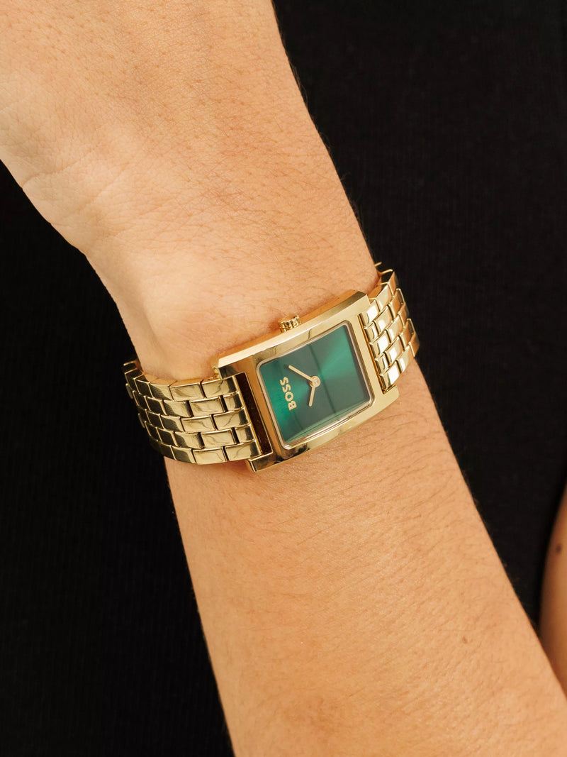 BOSS Lucy women's watch green dial gold strap (British brand)