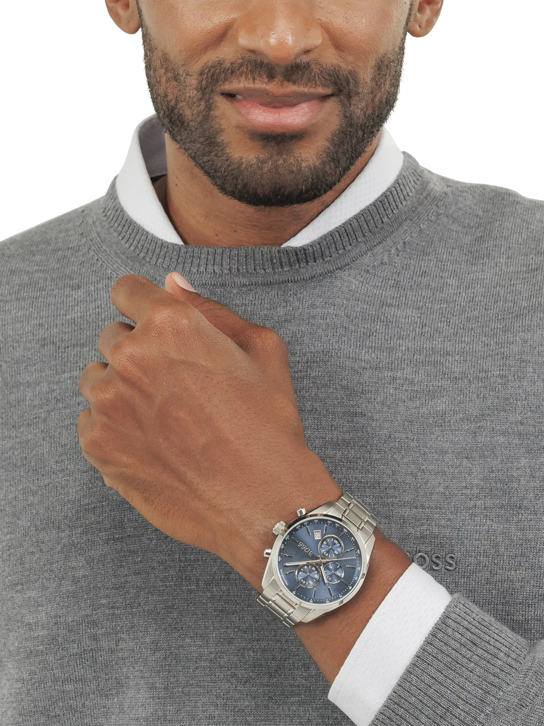 BOSS Grand Prix 44 chronograph watch blue dial, UK version