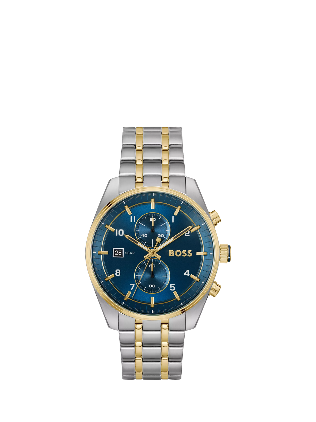 BOSS chronograph watch blue dial stainless steel bracelet, UK version