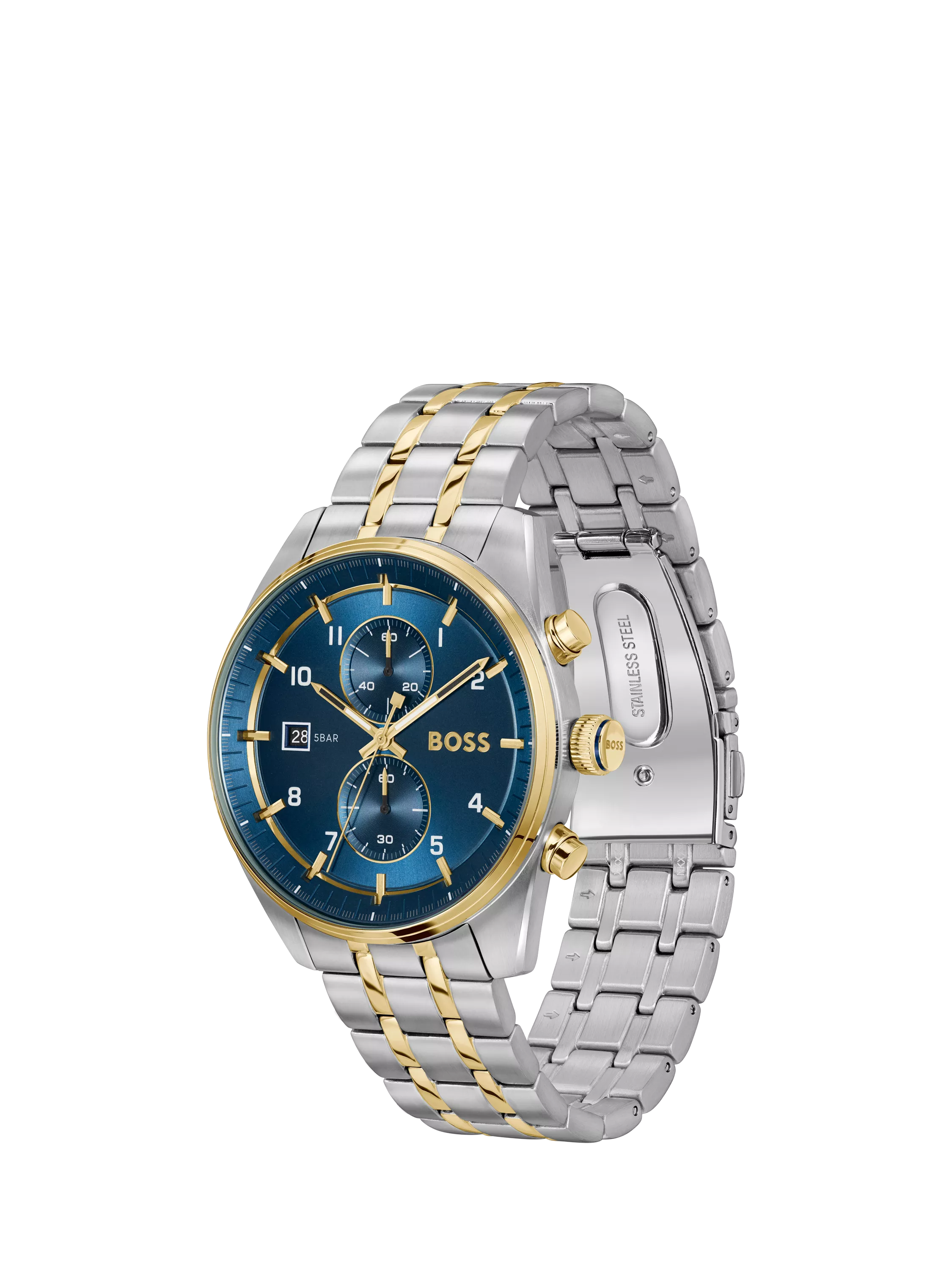 BOSS chronograph watch blue dial stainless steel bracelet, UK version