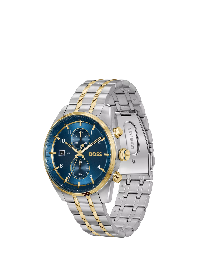 BOSS chronograph watch blue dial stainless steel bracelet, UK version