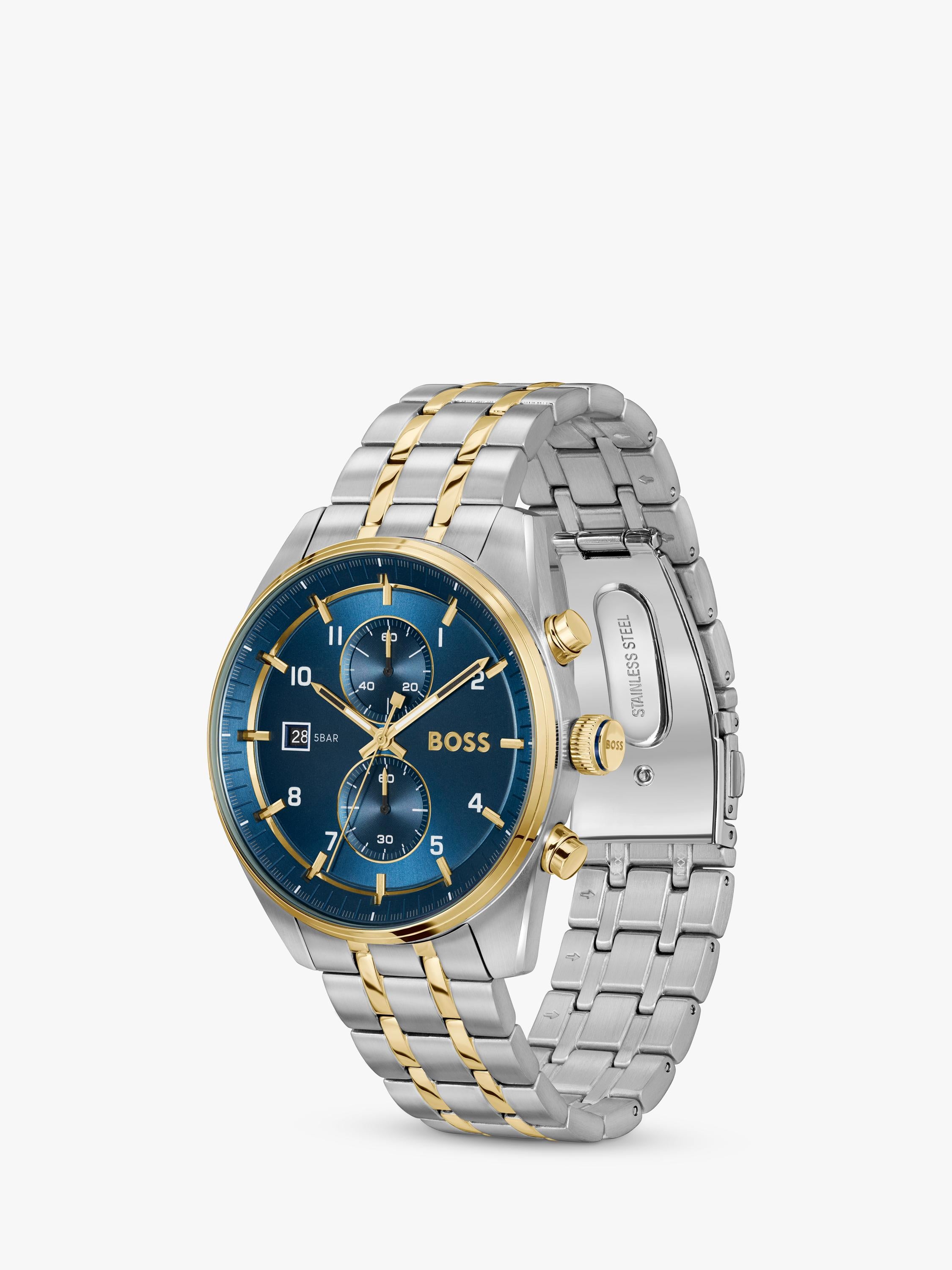 BOSS chronograph watch blue dial stainless steel bracelet, UK version