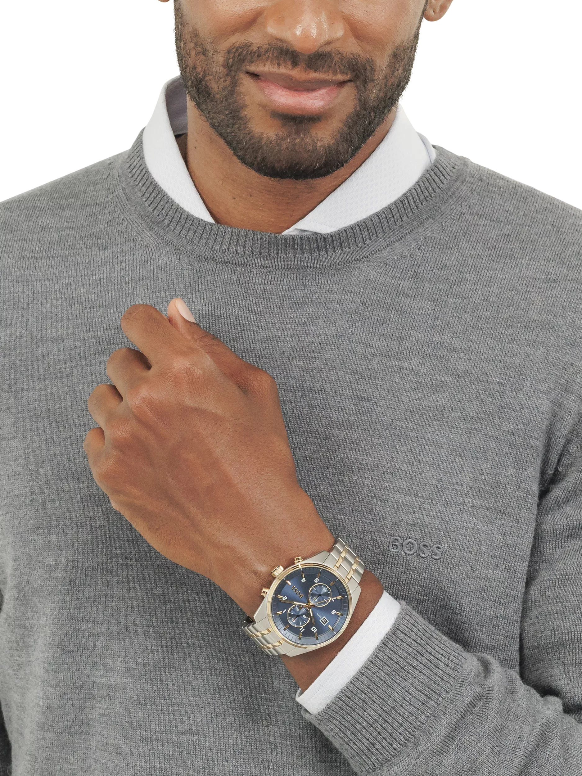 BOSS chronograph watch blue dial stainless steel bracelet, UK version