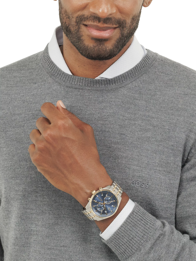 BOSS chronograph watch blue dial stainless steel bracelet, UK version