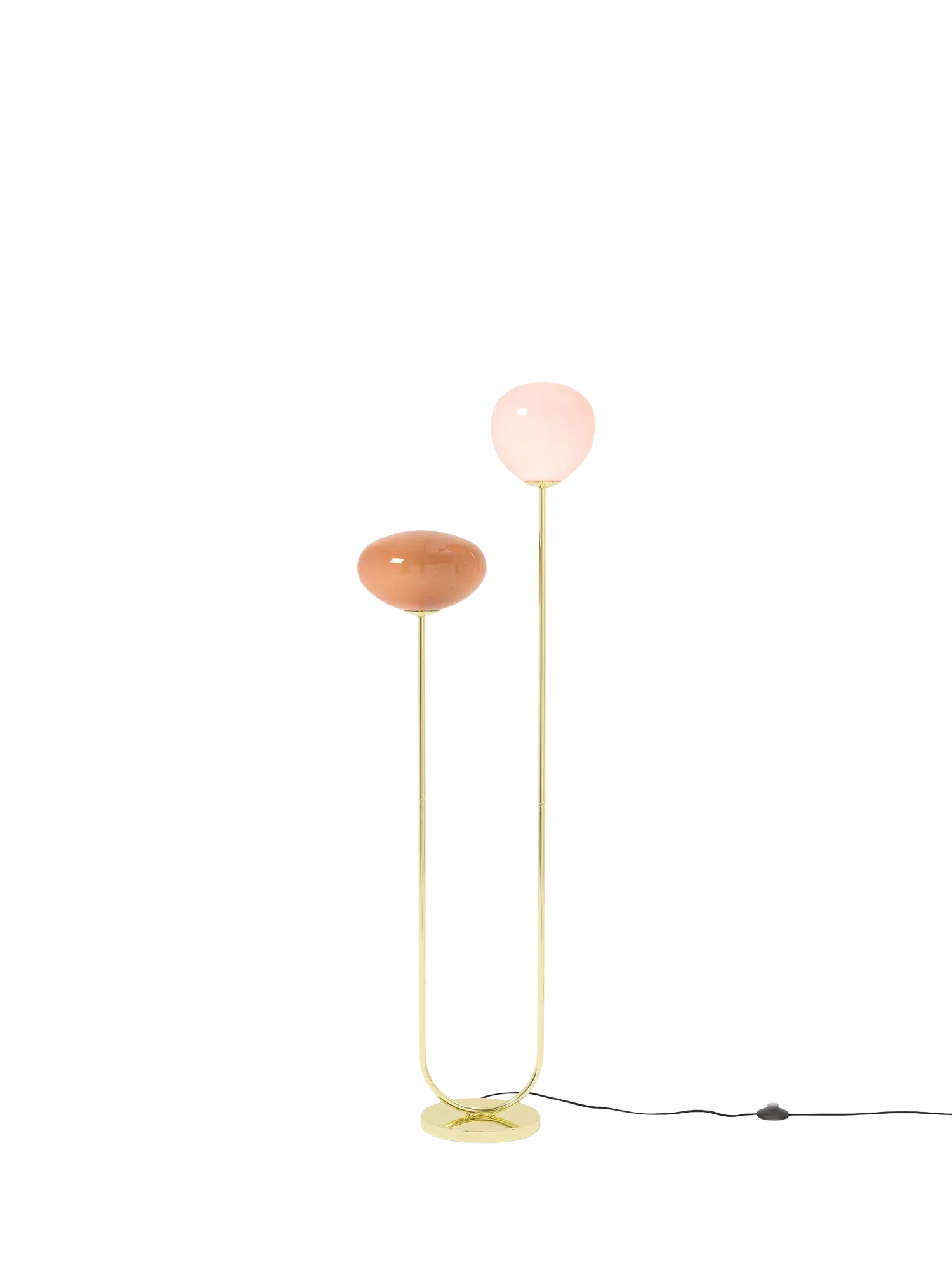 MADE floor lamp with pink glass shades and brass accents, imported from the UK