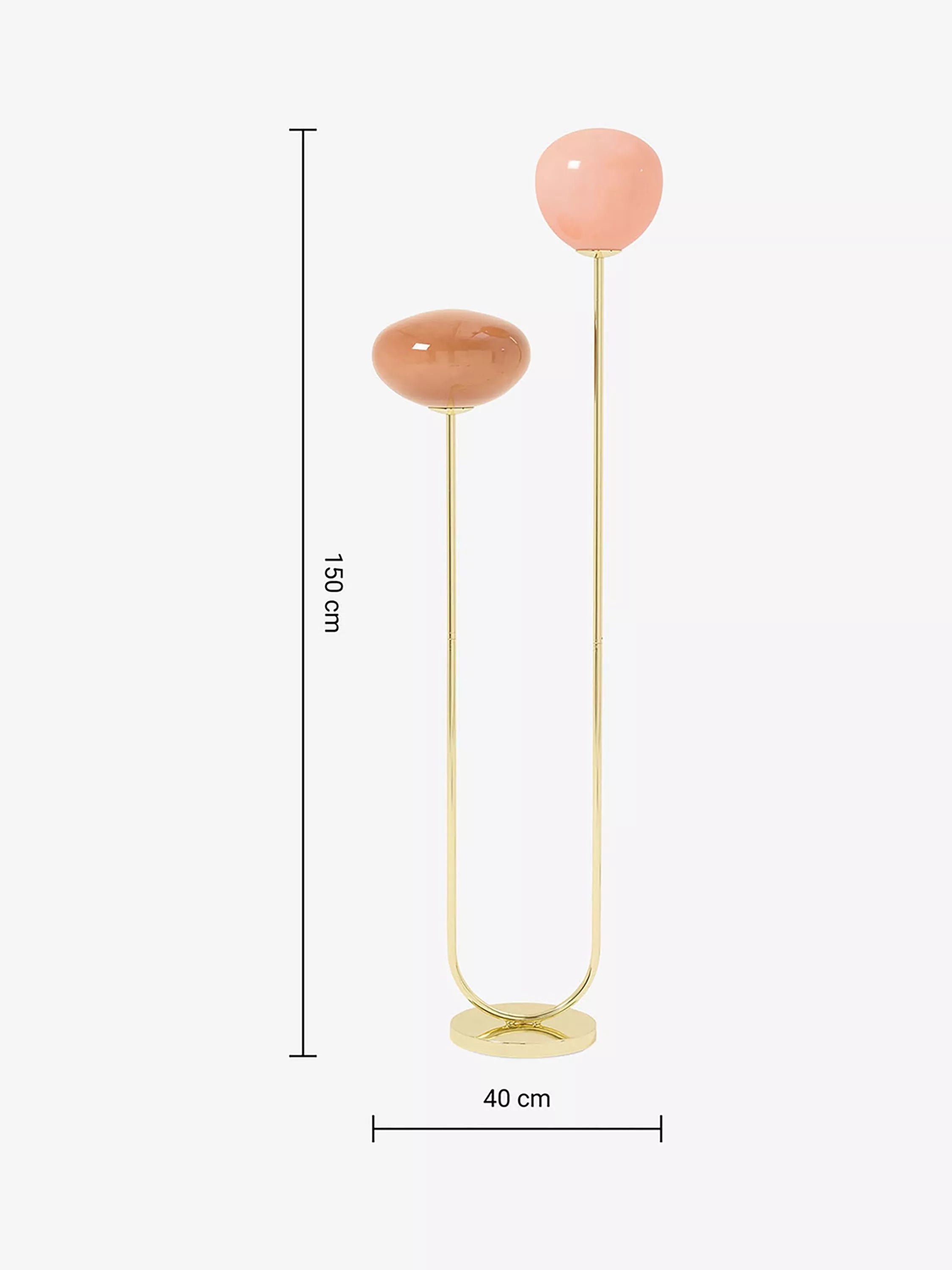 MADE floor lamp with pink glass shades and brass accents, imported from the UK