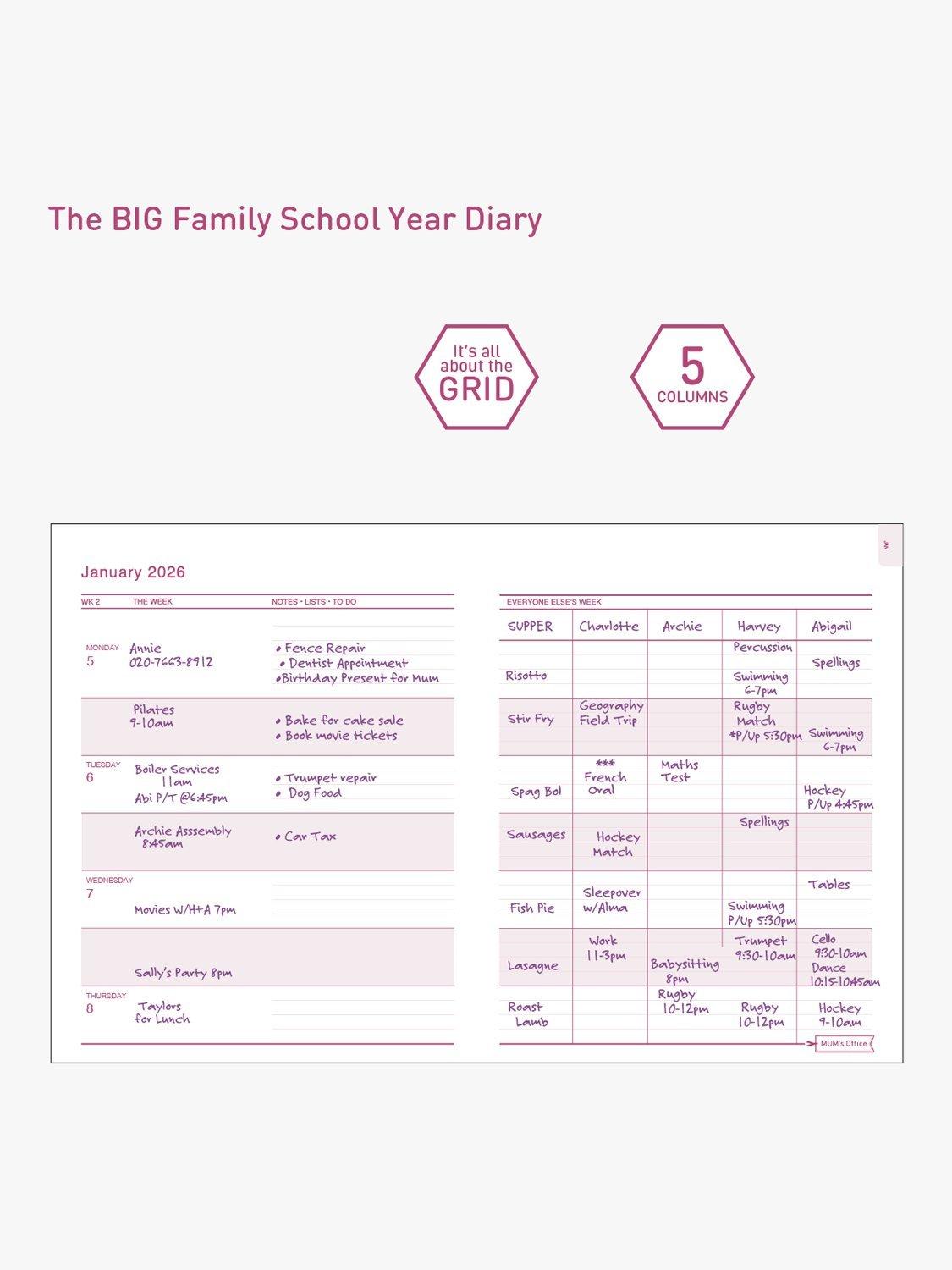 MUM's Office Big Family Planner pink hardback diary 2025-26, UK version