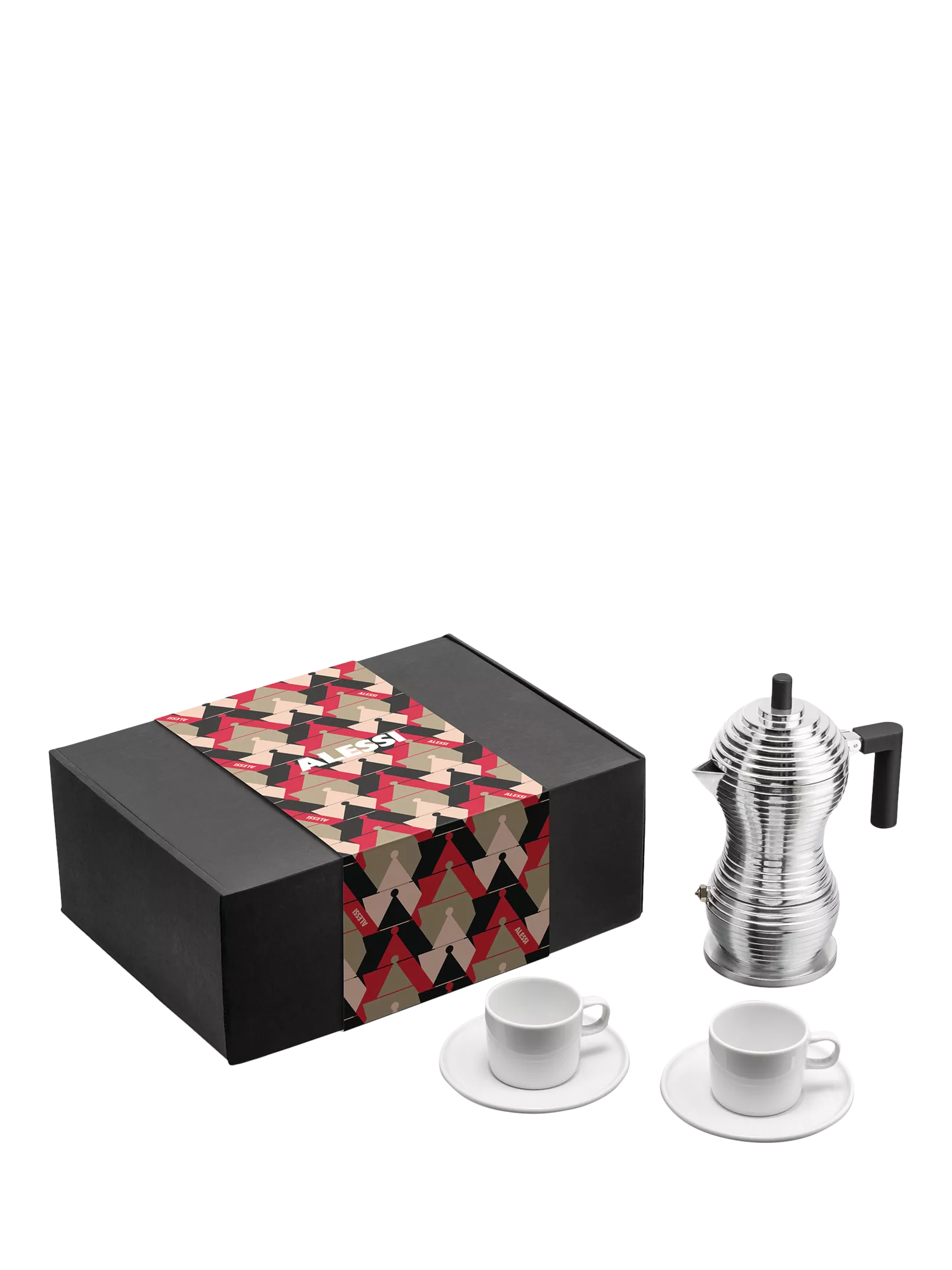 Alessi Pulcina 3-cup espresso maker gift set with 2 porcelain cups (British brand)