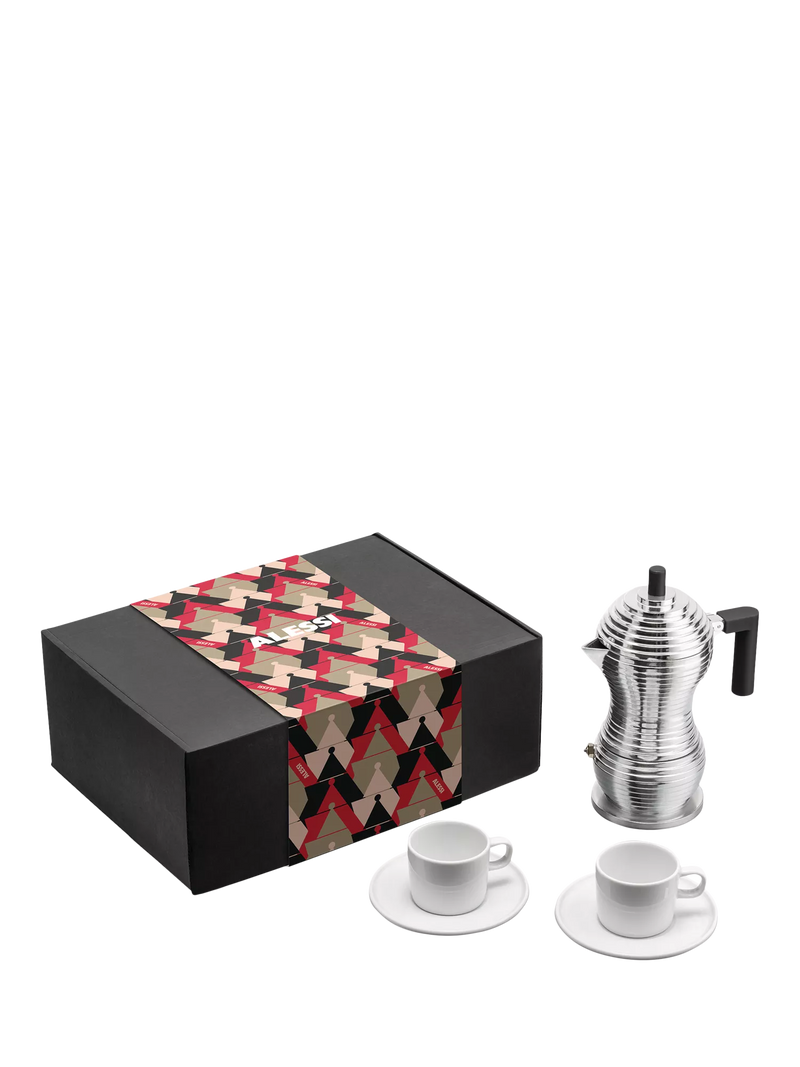 Alessi Pulcina 3-cup espresso maker gift set with 2 porcelain cups (British brand)