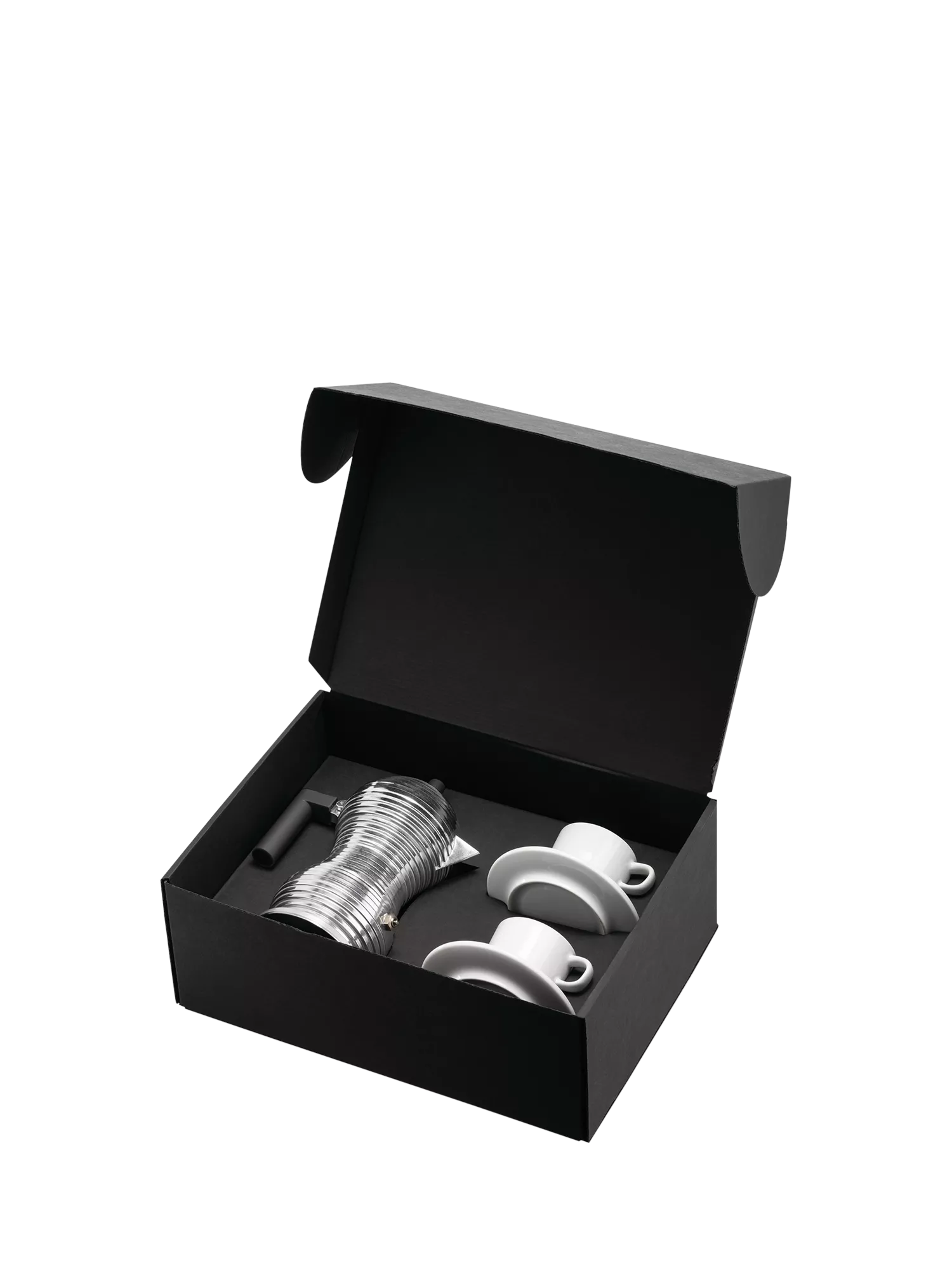 Alessi Pulcina 3-cup espresso maker gift set with 2 porcelain cups (British brand)