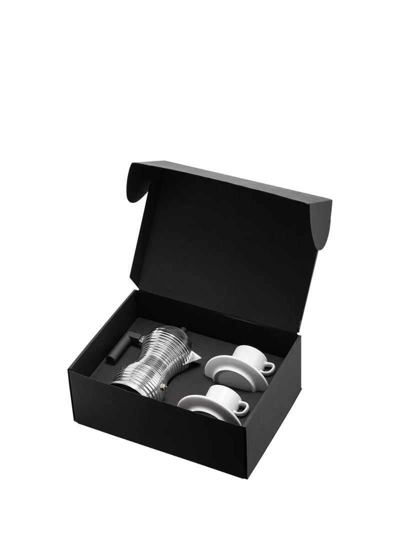 Alessi Pulcina 3-cup espresso maker gift set with 2 porcelain cups (British brand)
