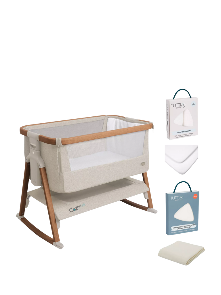 Tutti Bambini CoZee Air Bedside Crib Essential Starter Bundle, Scandi Walnut/Ecru