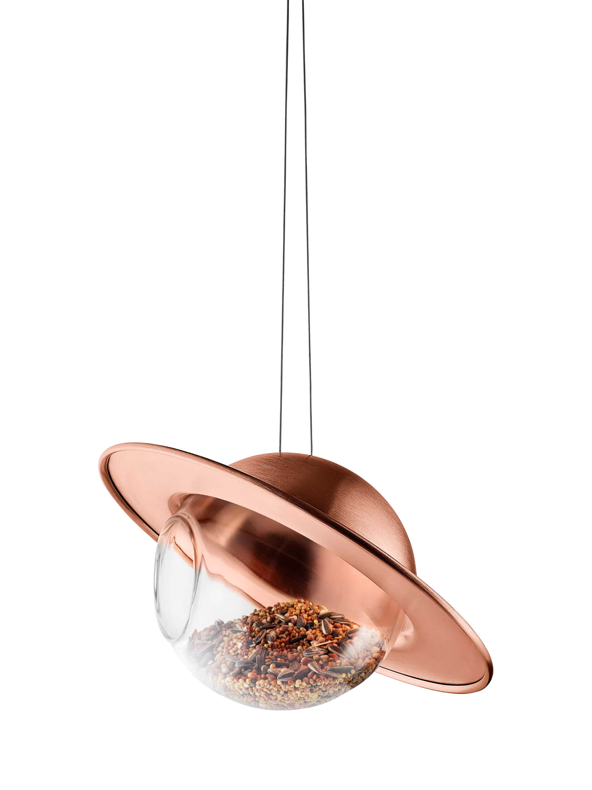 Eva Solo Saturn bird feeder with copper canopy and glass orb, imported from the UK