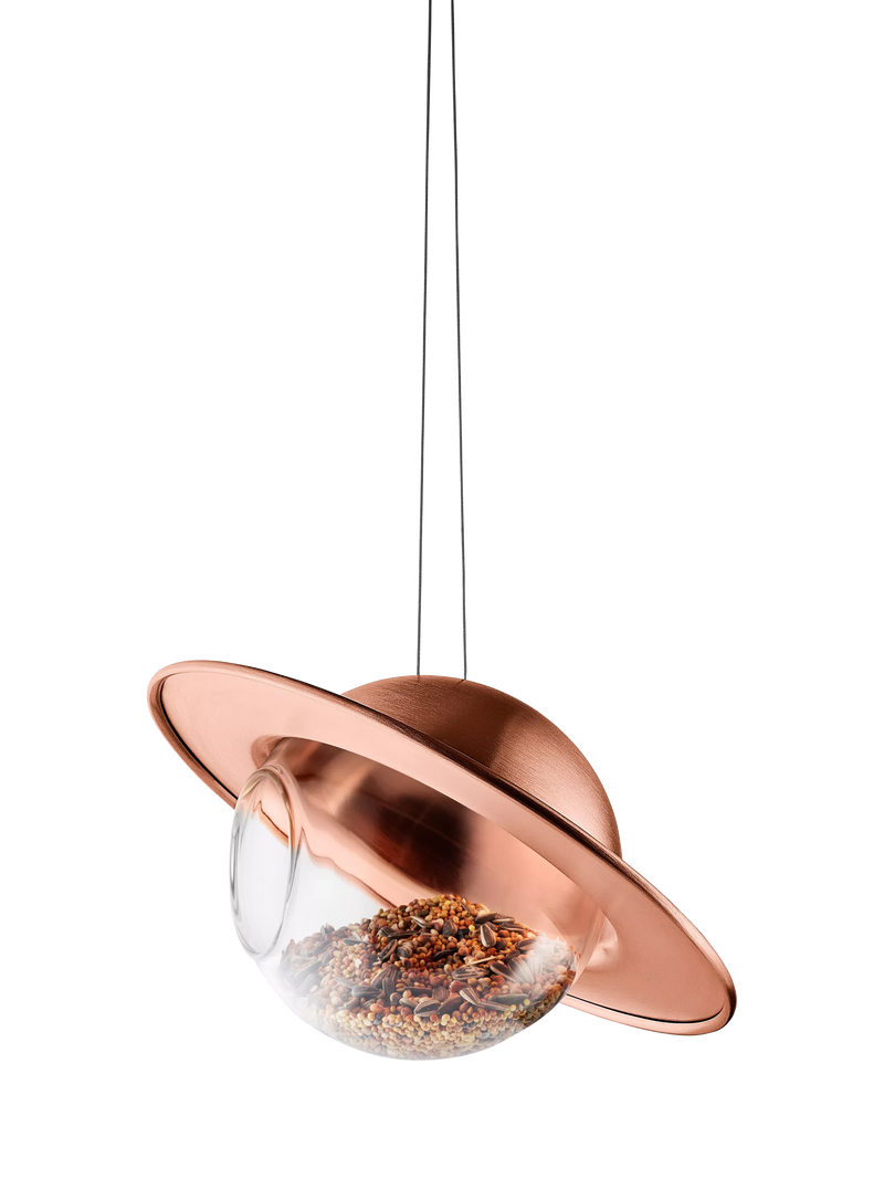 Eva Solo Saturn bird feeder with copper canopy and glass orb, imported from the UK