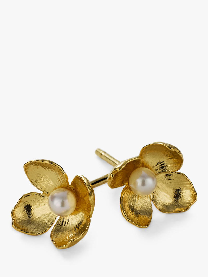Alex Monroe Cuckoo Flower gold earrings with pearls, UK version