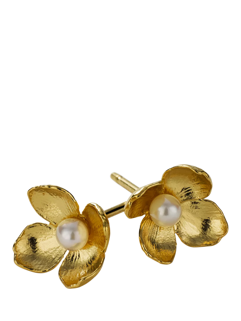 Alex Monroe Cuckoo Flower gold earrings with pearls, UK version