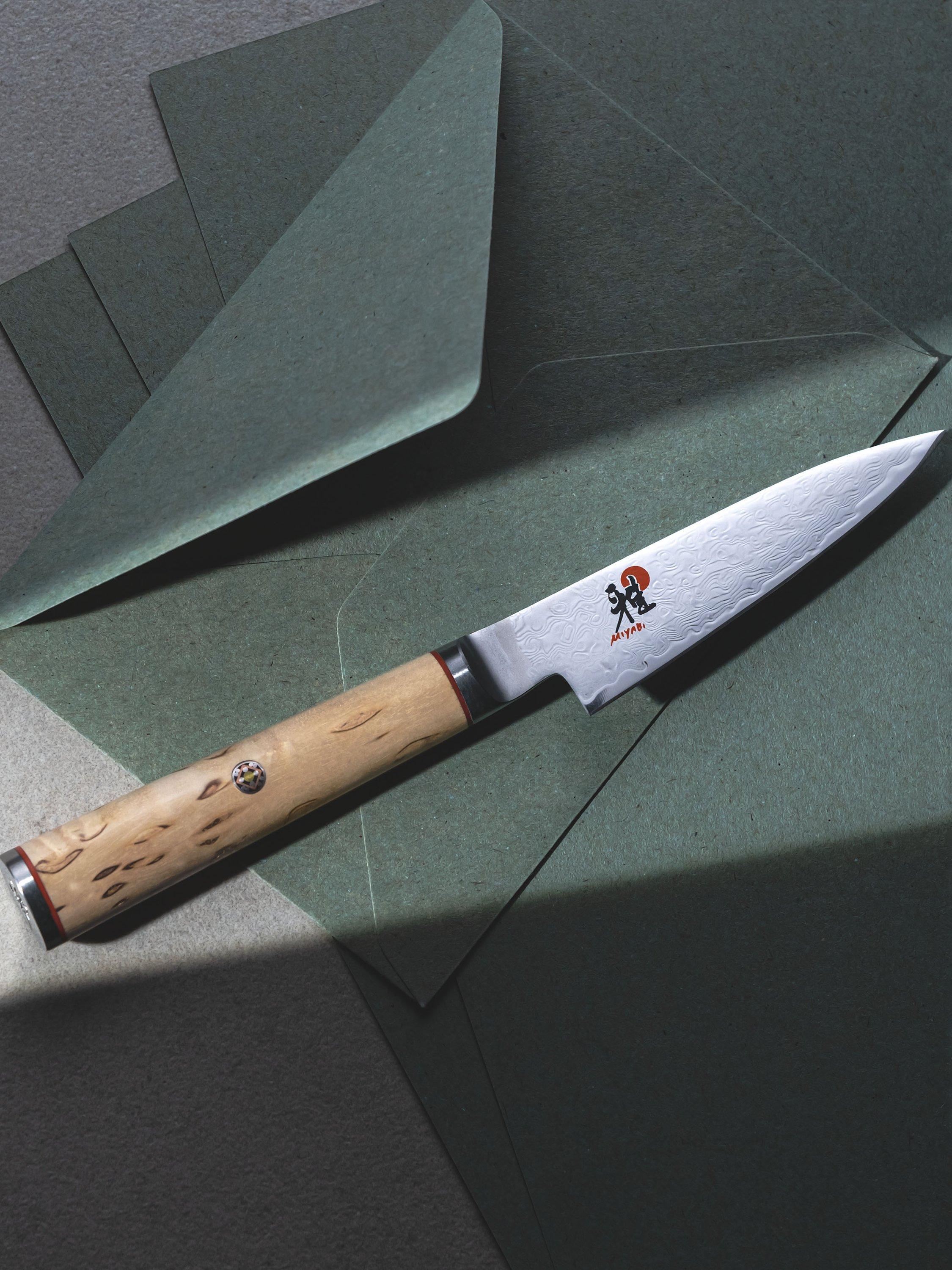 MIYABI Damascus steel shotoh knife 9cm with birch handle, imported from the UK