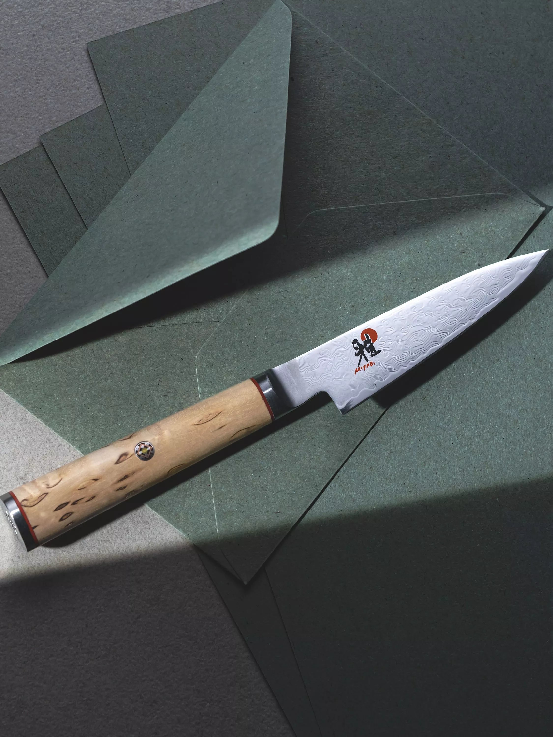 MIYABI Damascus steel shotoh knife 9cm with birch handle, imported from the UK