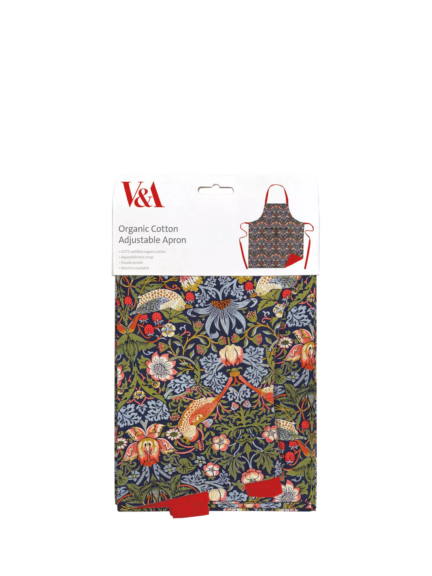 Museums & Galleries organic cotton apron with William Morris Strawberry Thief print (British brand)