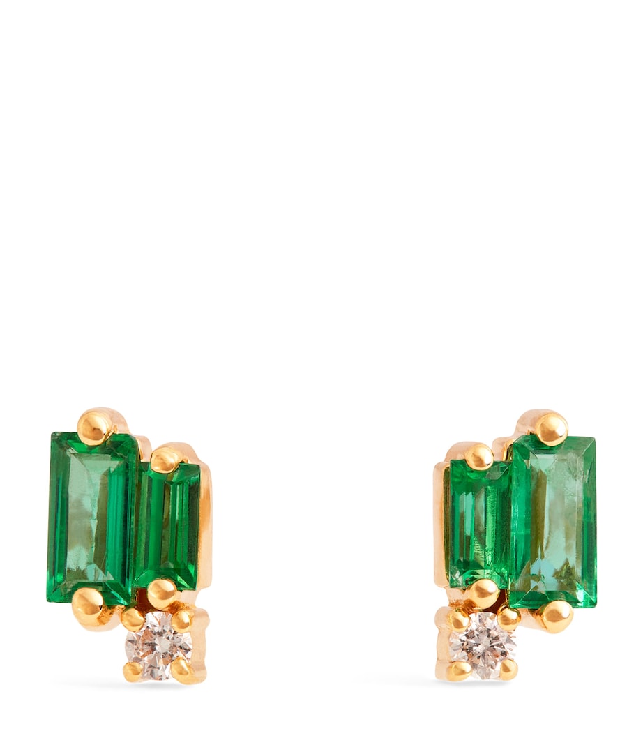 Suzanne Kalan yellow gold emerald diamond earrings 7x4mm, imported from the UK