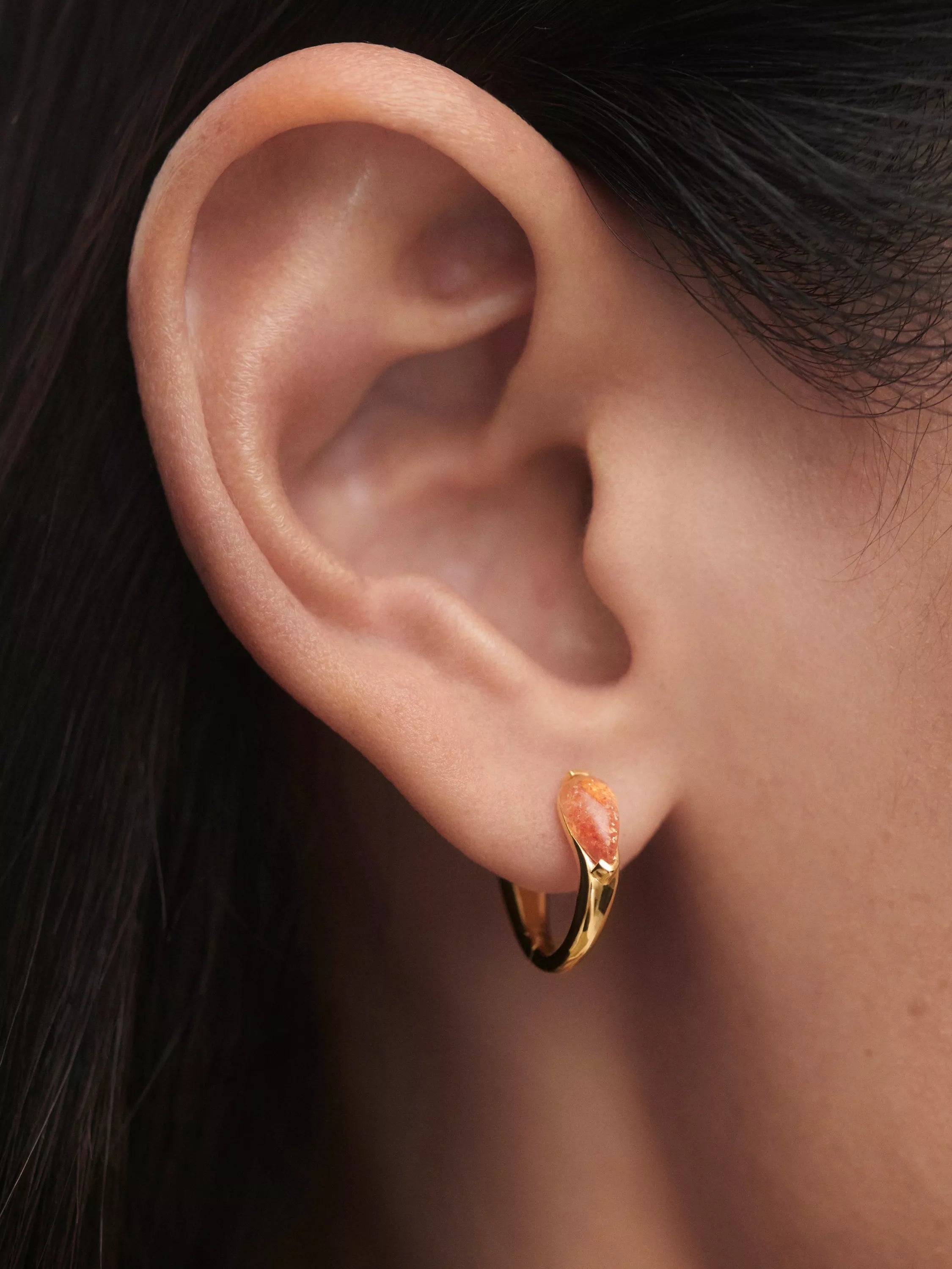 PDPAOLA gold plated sunstone huggie earrings, imported from the UK