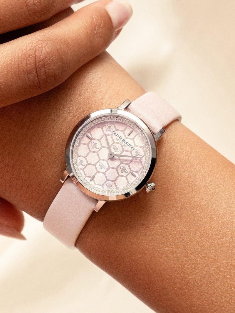 Olivia Burton ultra slim honeycomb watch pink leather strap (British brand)