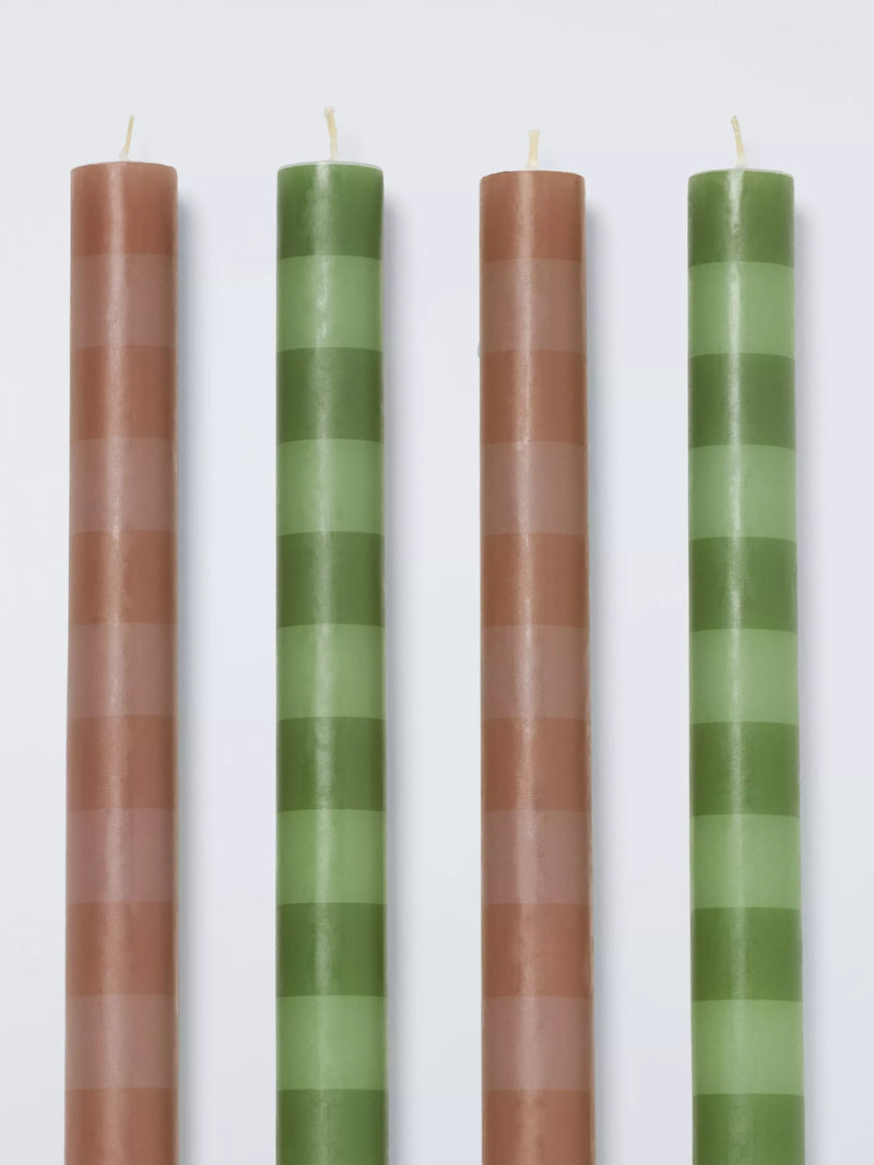 John Lewis x Sanderson stripe dinner candles green terracotta, imported from the UK