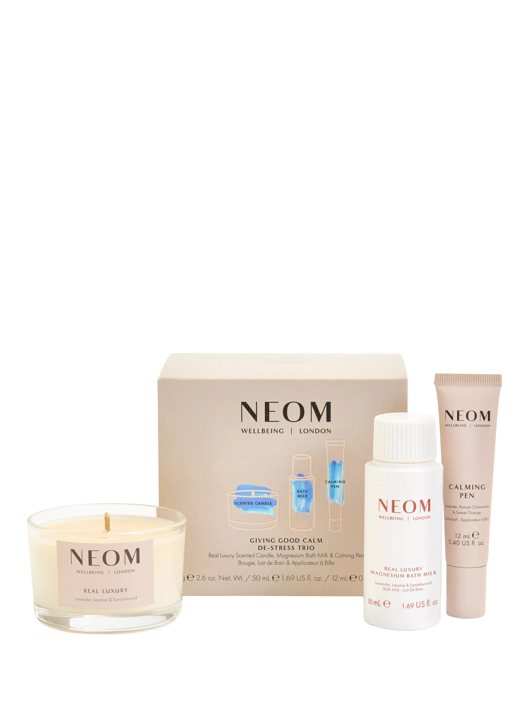 NEOM de-stress trio gift set with candle, bath milk, calming pen (British brand)
