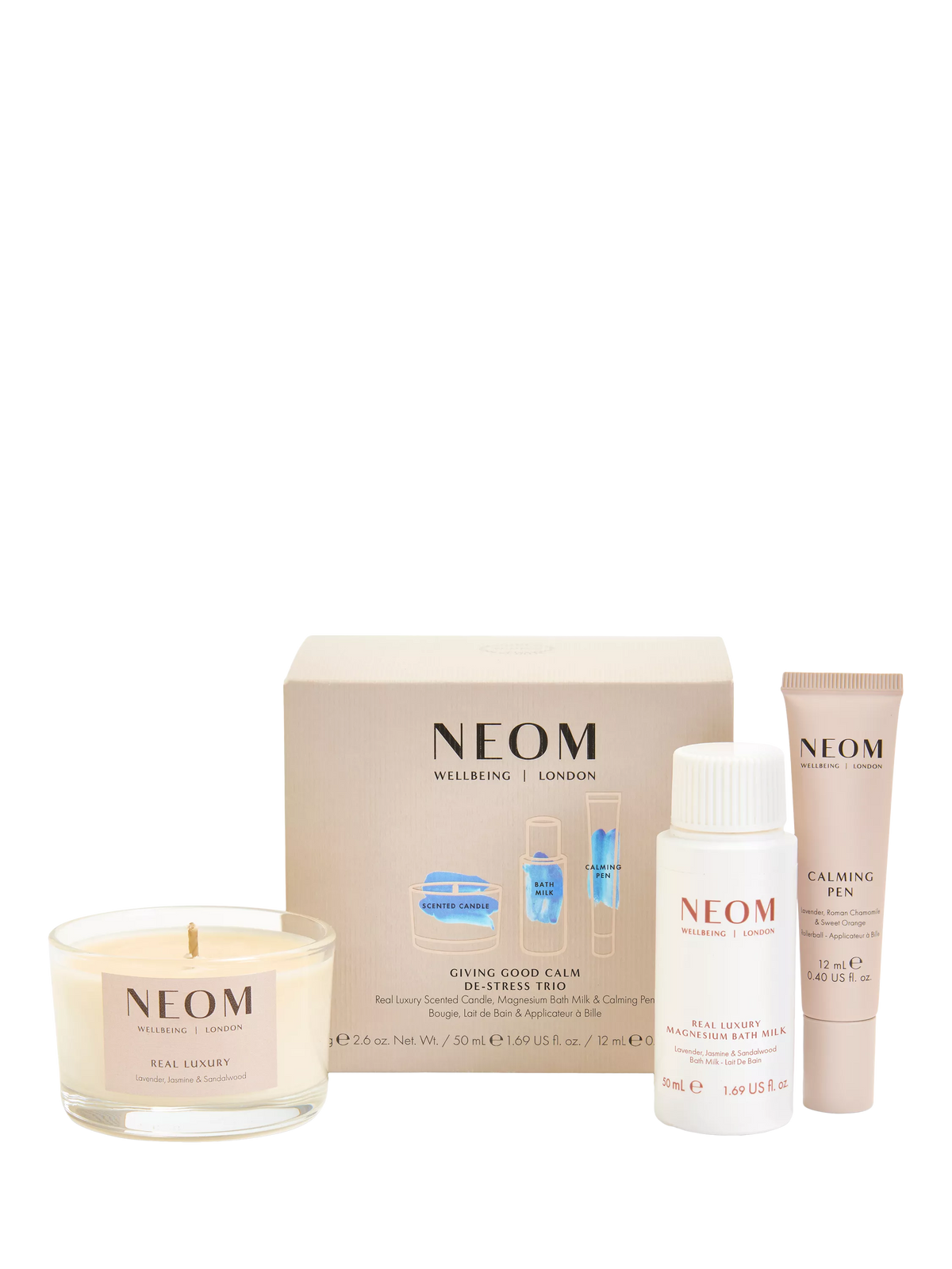 NEOM de-stress trio gift set with candle, bath milk, calming pen (British brand)