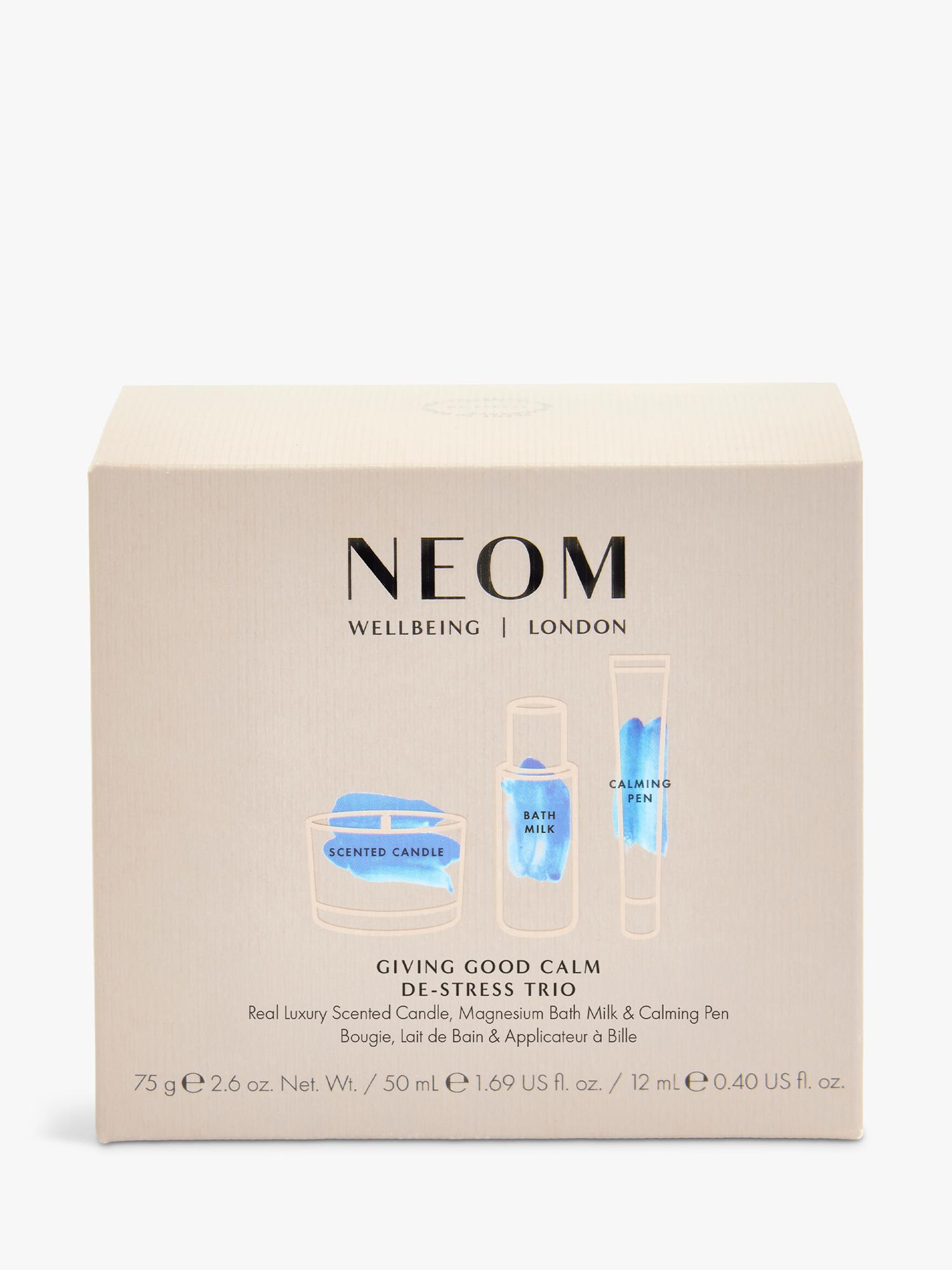 NEOM de-stress trio gift set with candle, bath milk, calming pen (British brand)