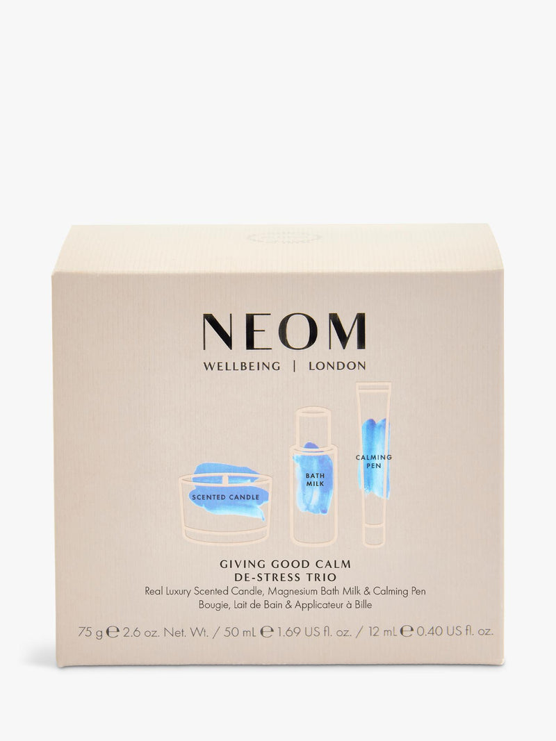 NEOM de-stress trio gift set with candle, bath milk, calming pen (British brand)