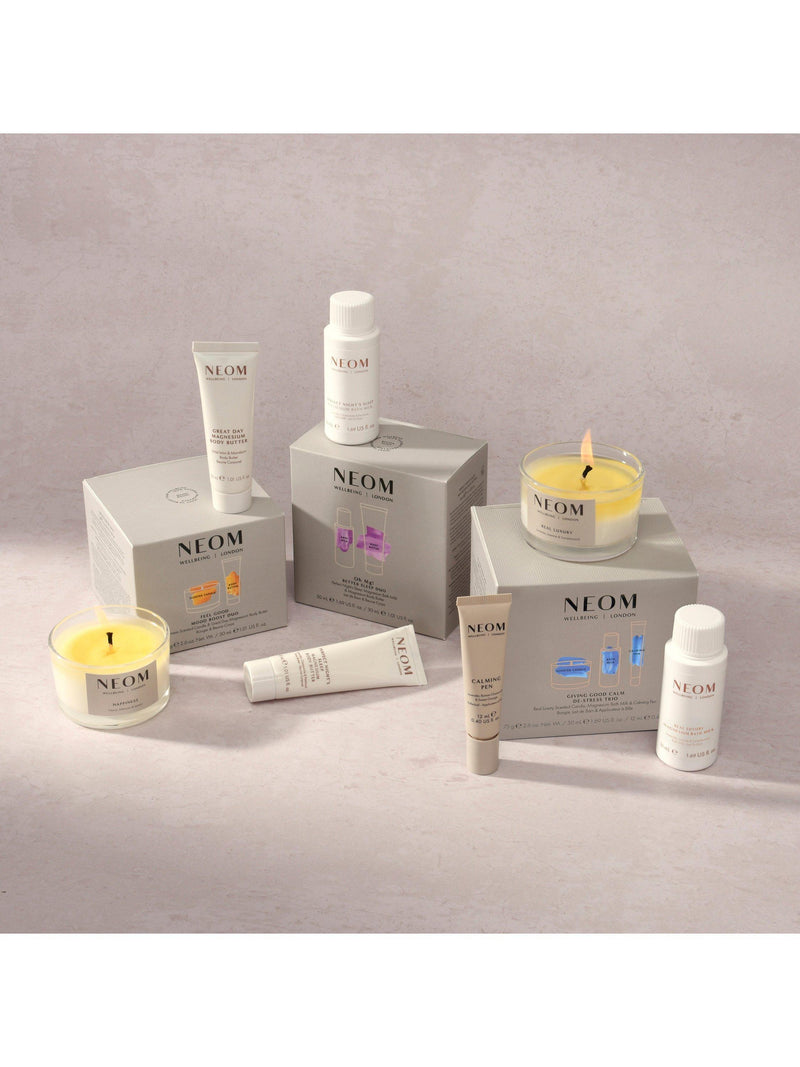 NEOM de-stress trio gift set with candle, bath milk, calming pen (British brand)