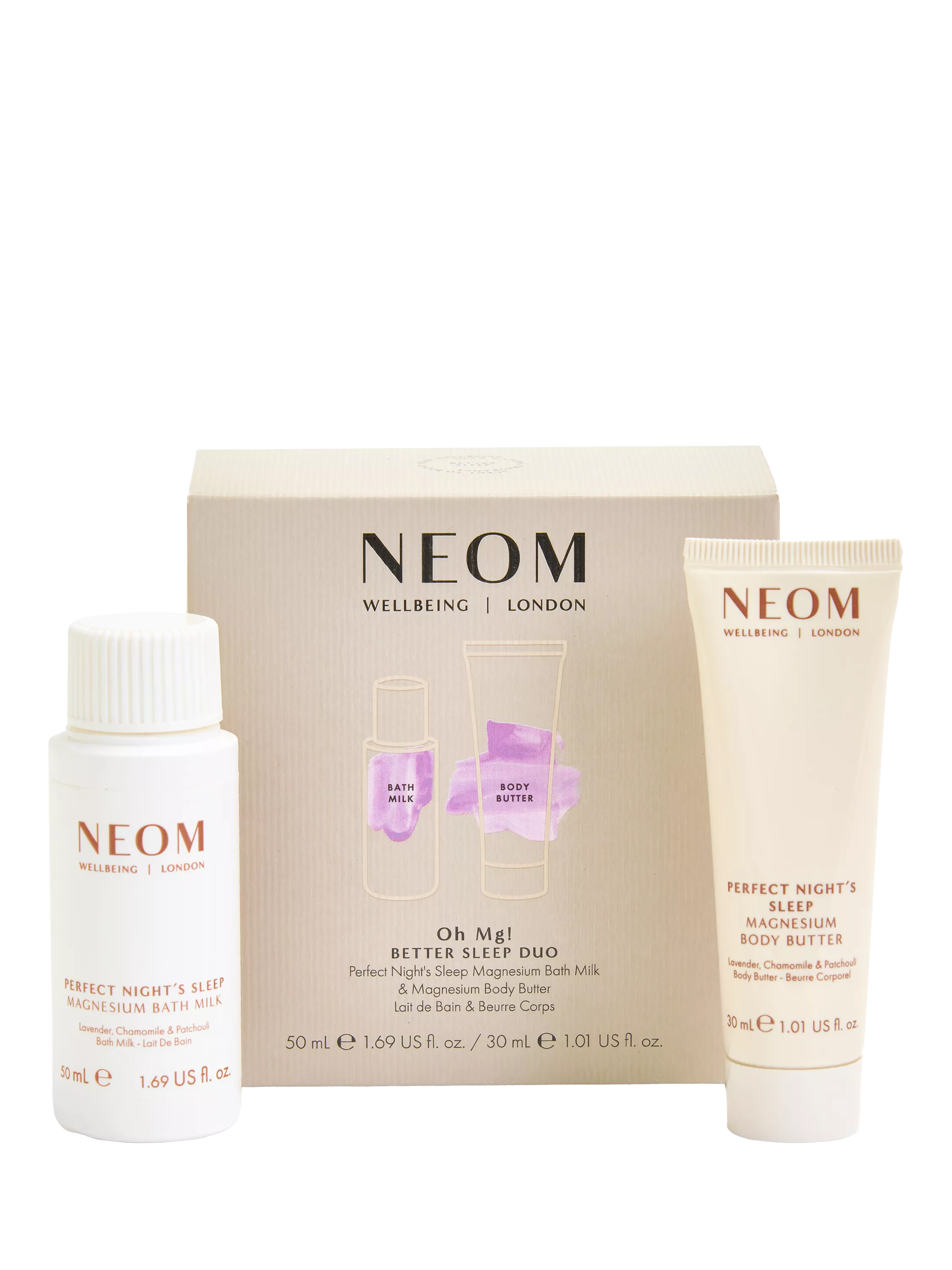 NEOM Better Sleep Duo gift set with bath milk and body butter (British brand)