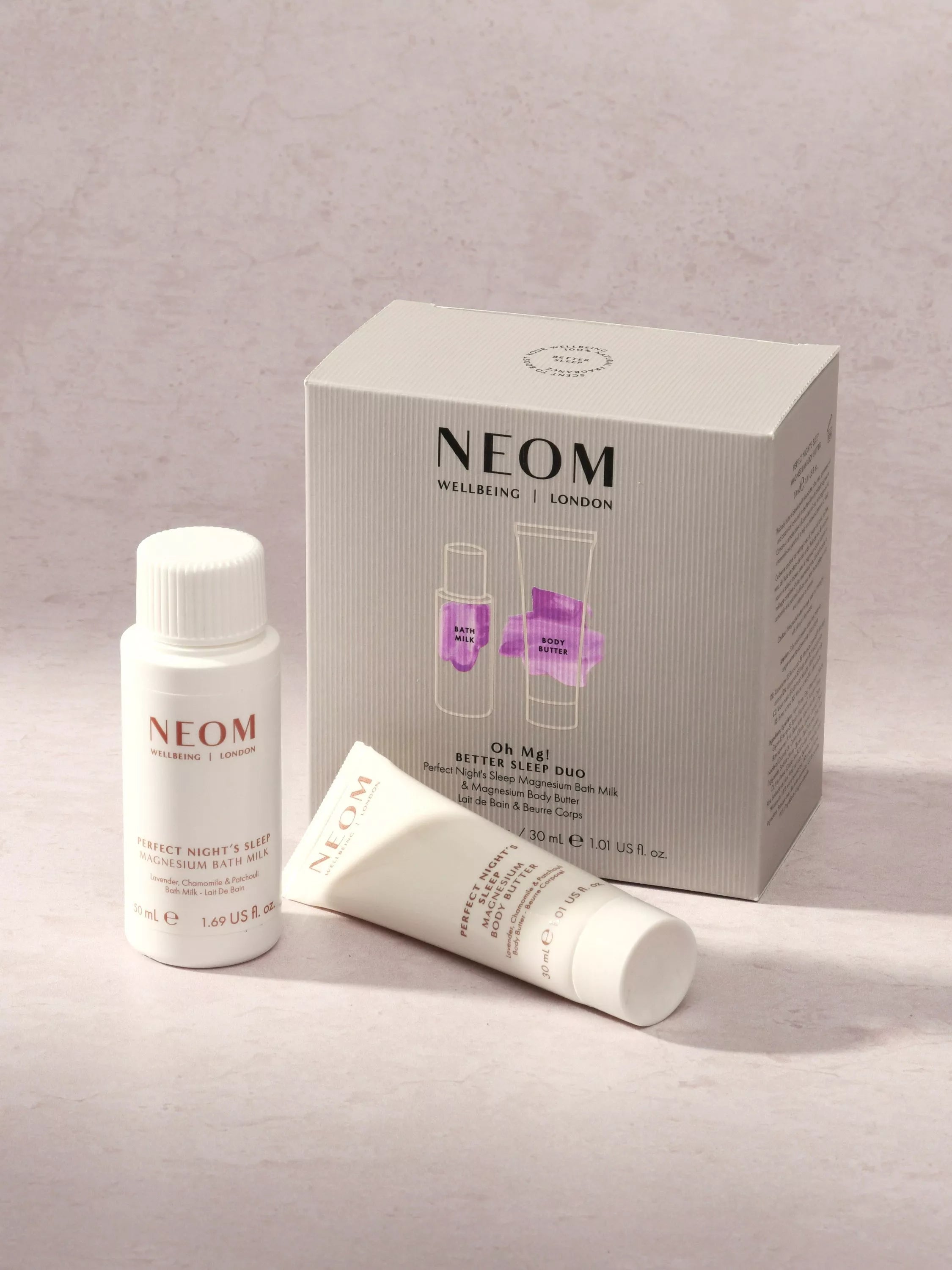 NEOM Better Sleep Duo gift set with bath milk and body butter (British brand)