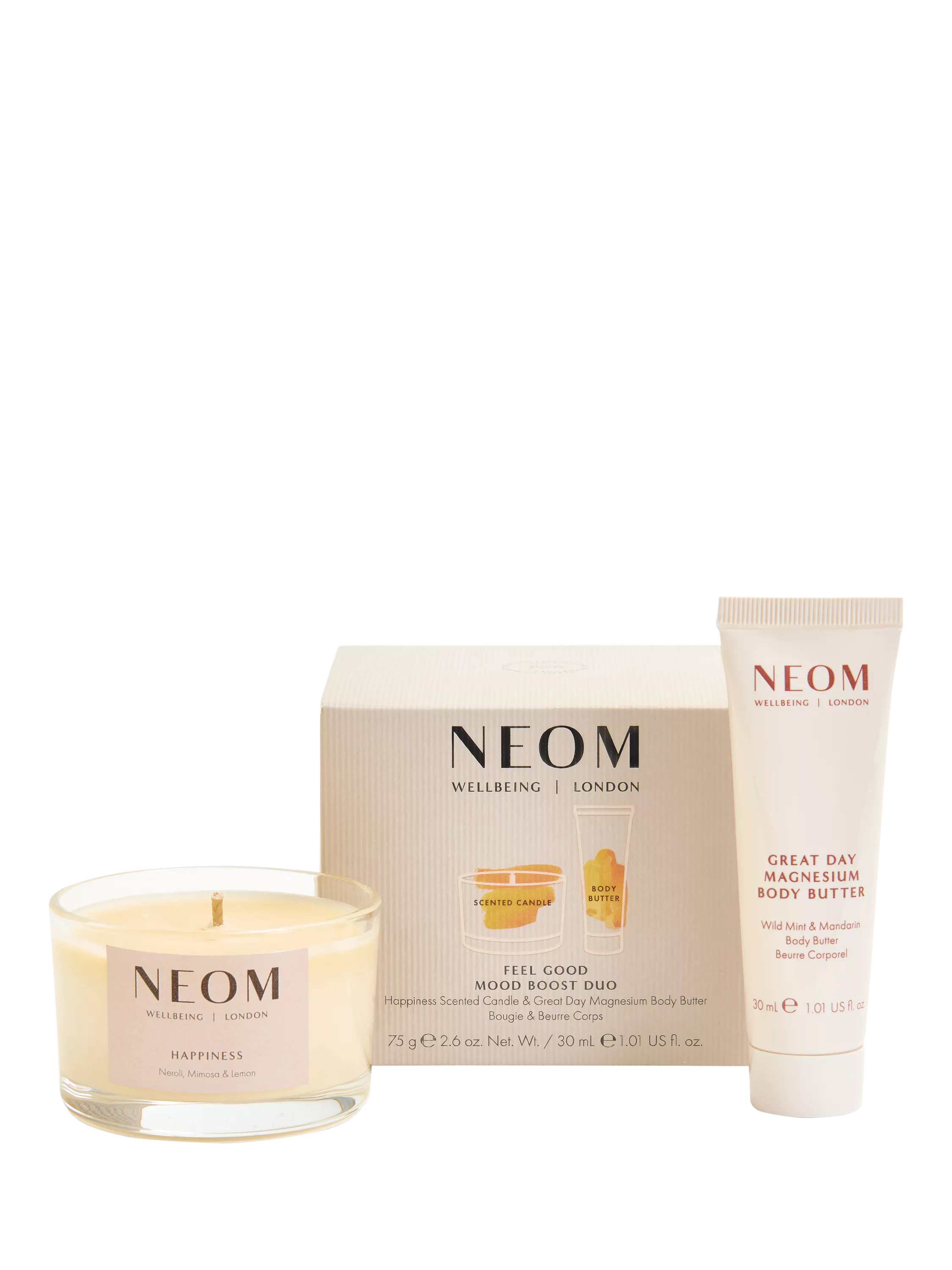 NEOM gift set with candle and body butter, imported from the UK