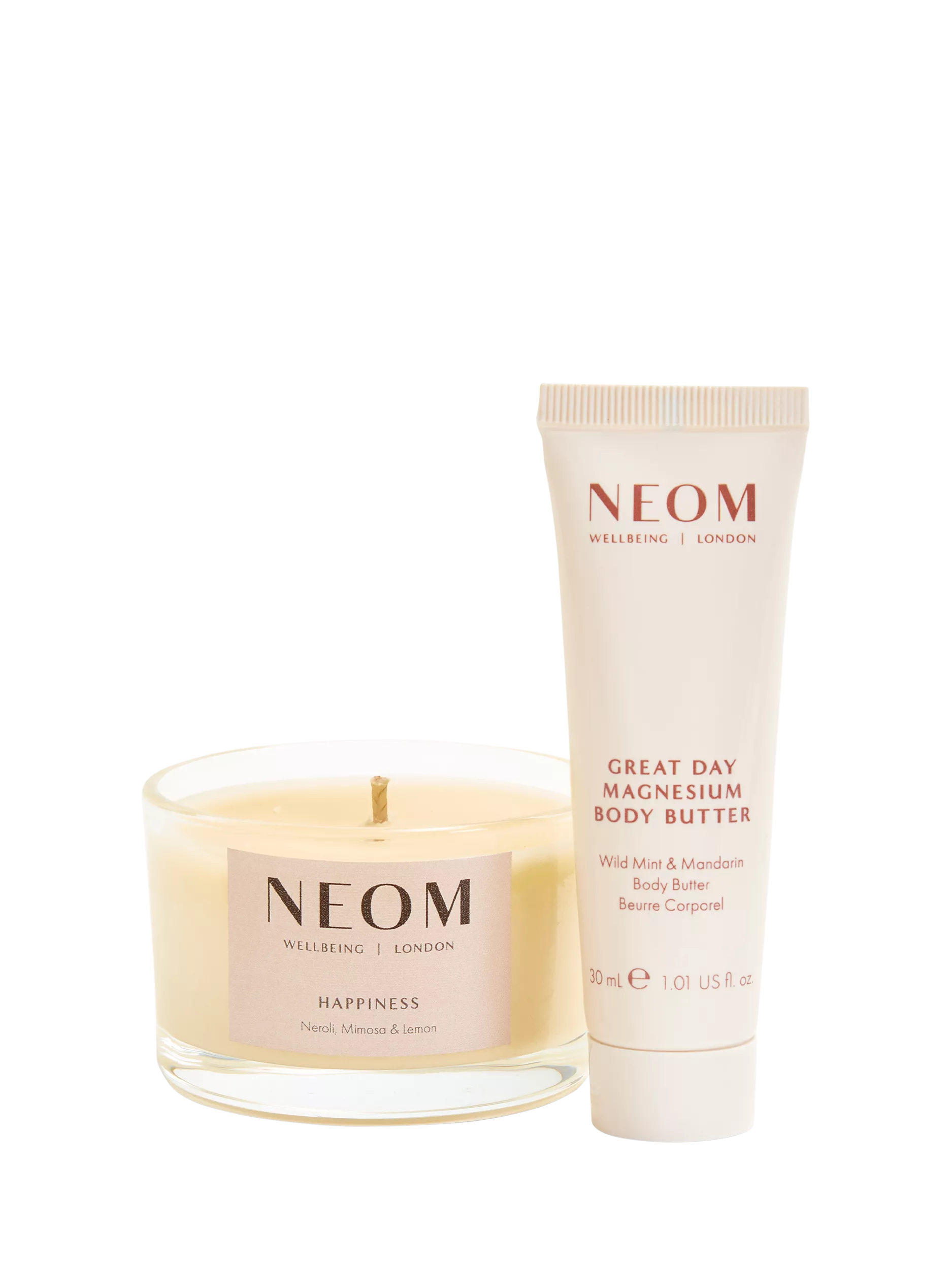 NEOM gift set with candle and body butter, imported from the UK
