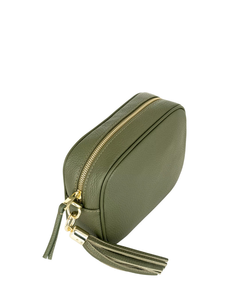Apatchy London olive leather cross body bag with tassel (British brand)