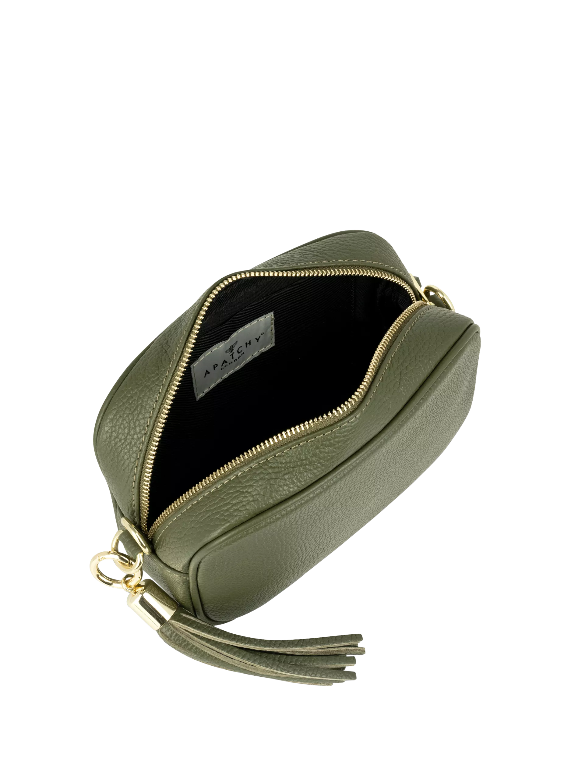 Apatchy London olive leather cross body bag with tassel (British brand)