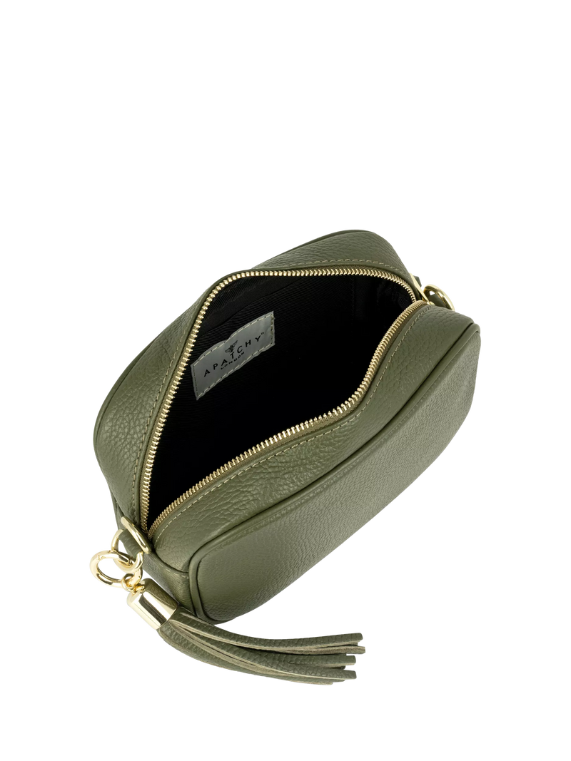 Apatchy London olive leather cross body bag with tassel (British brand)