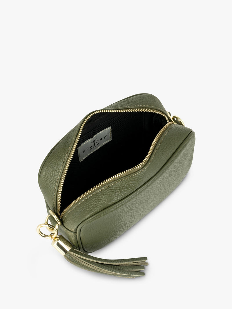 Apatchy London olive leather cross body bag with tassel (British brand)