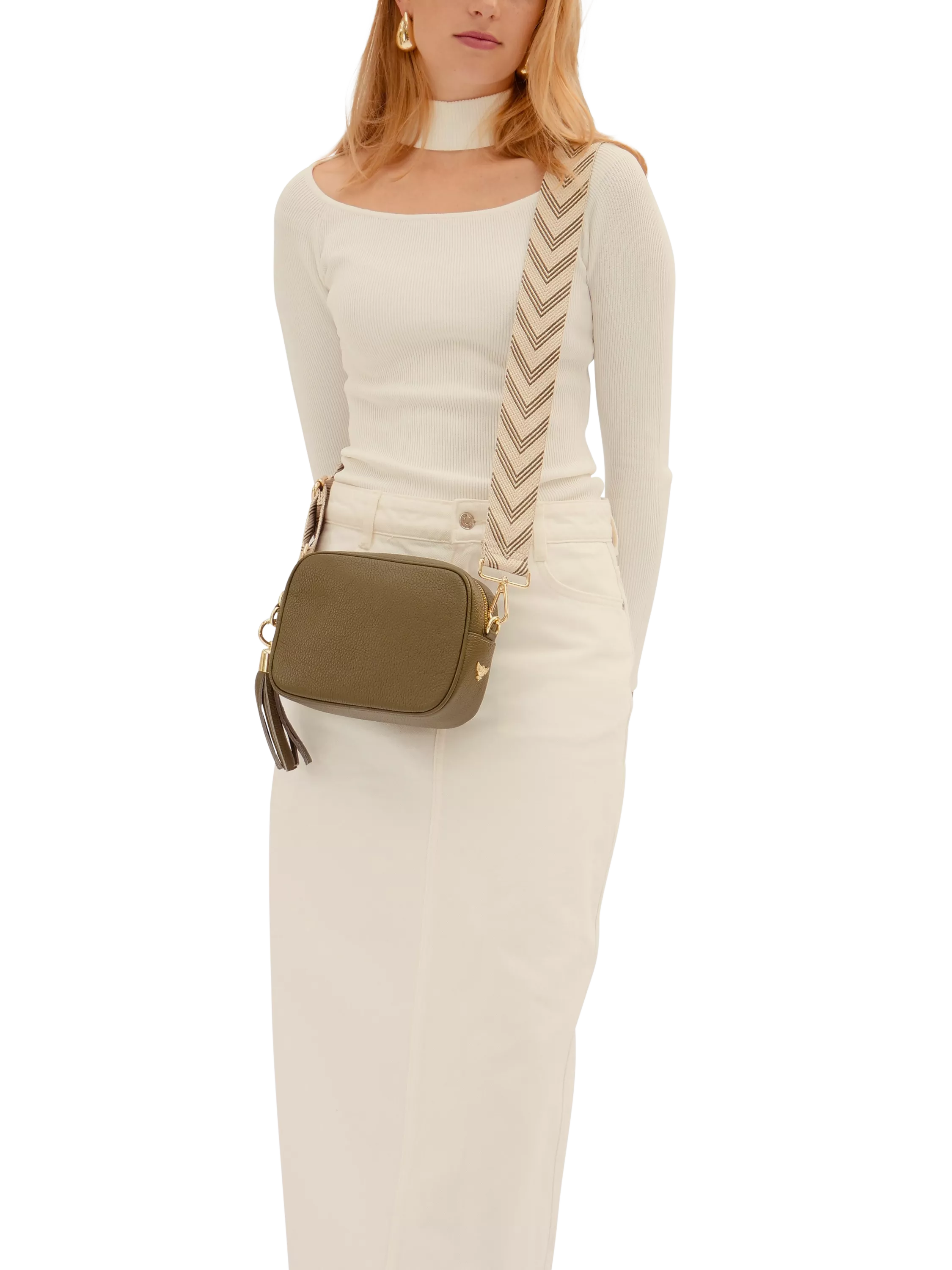 Apatchy London olive leather cross body bag with tassel (British brand)