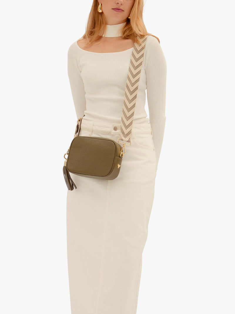Apatchy London olive leather cross body bag with tassel (British brand)