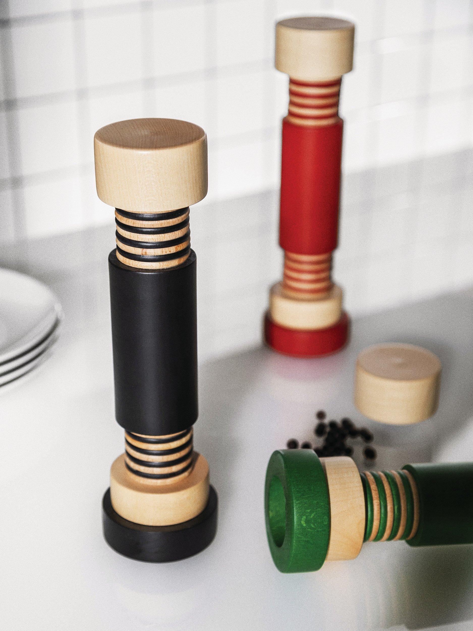 Alessi red beech wood salt and pepper mill, imported from the UK