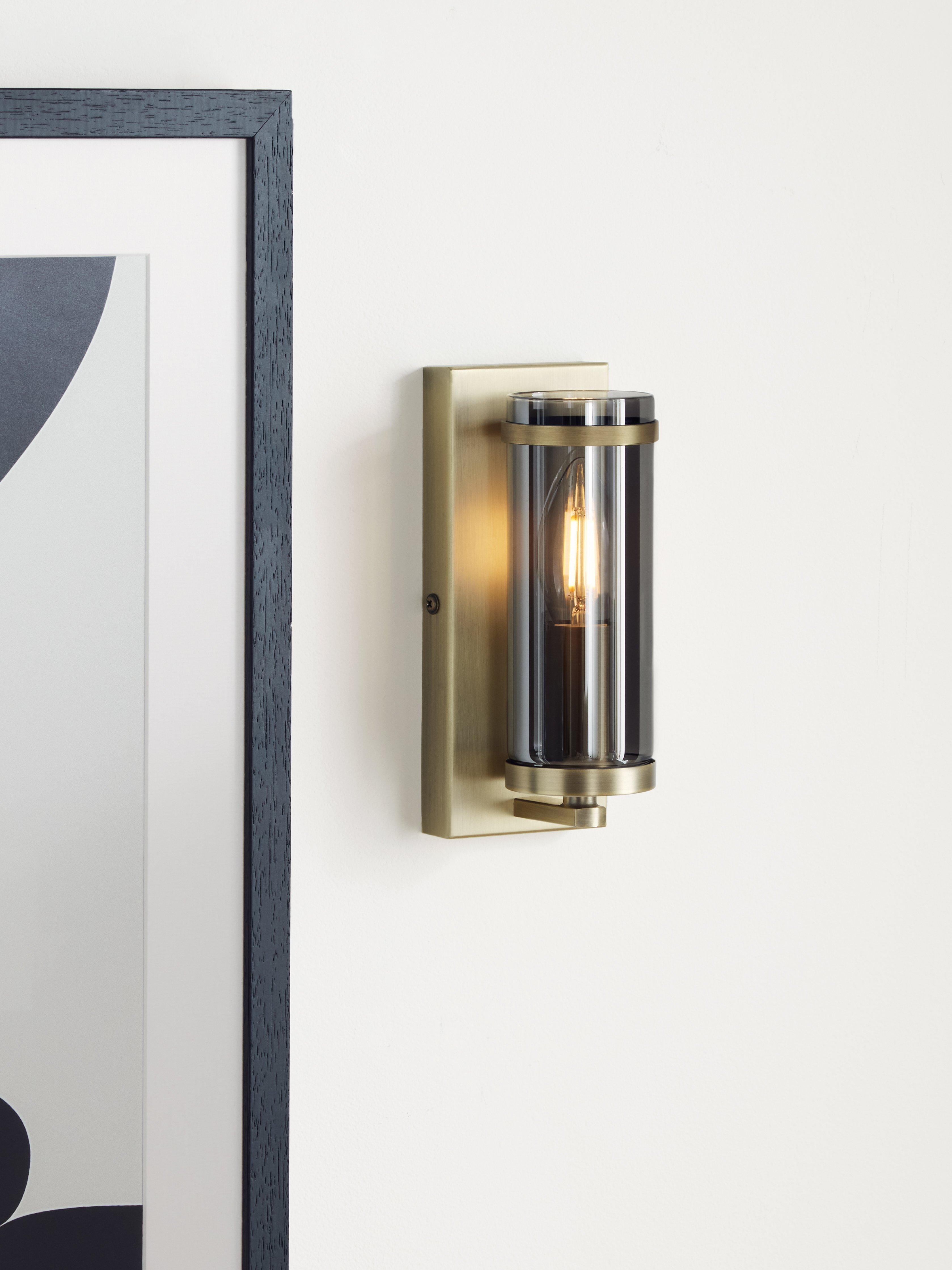 John Lewis Aragon single wall light antique brass smoked glass, imported from the UK