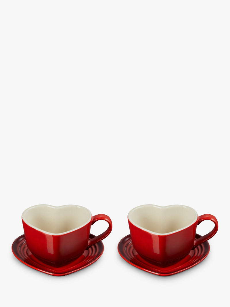 Le Creuset stoneware heart cups and saucers set, Cerise, 200ml, UK version